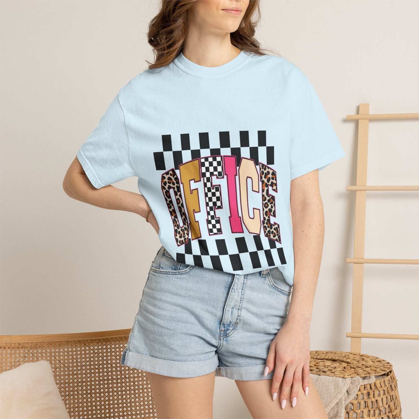 Office Checkerboard Graphic T-Shirt — Colorful Leopard & Retro Lettering