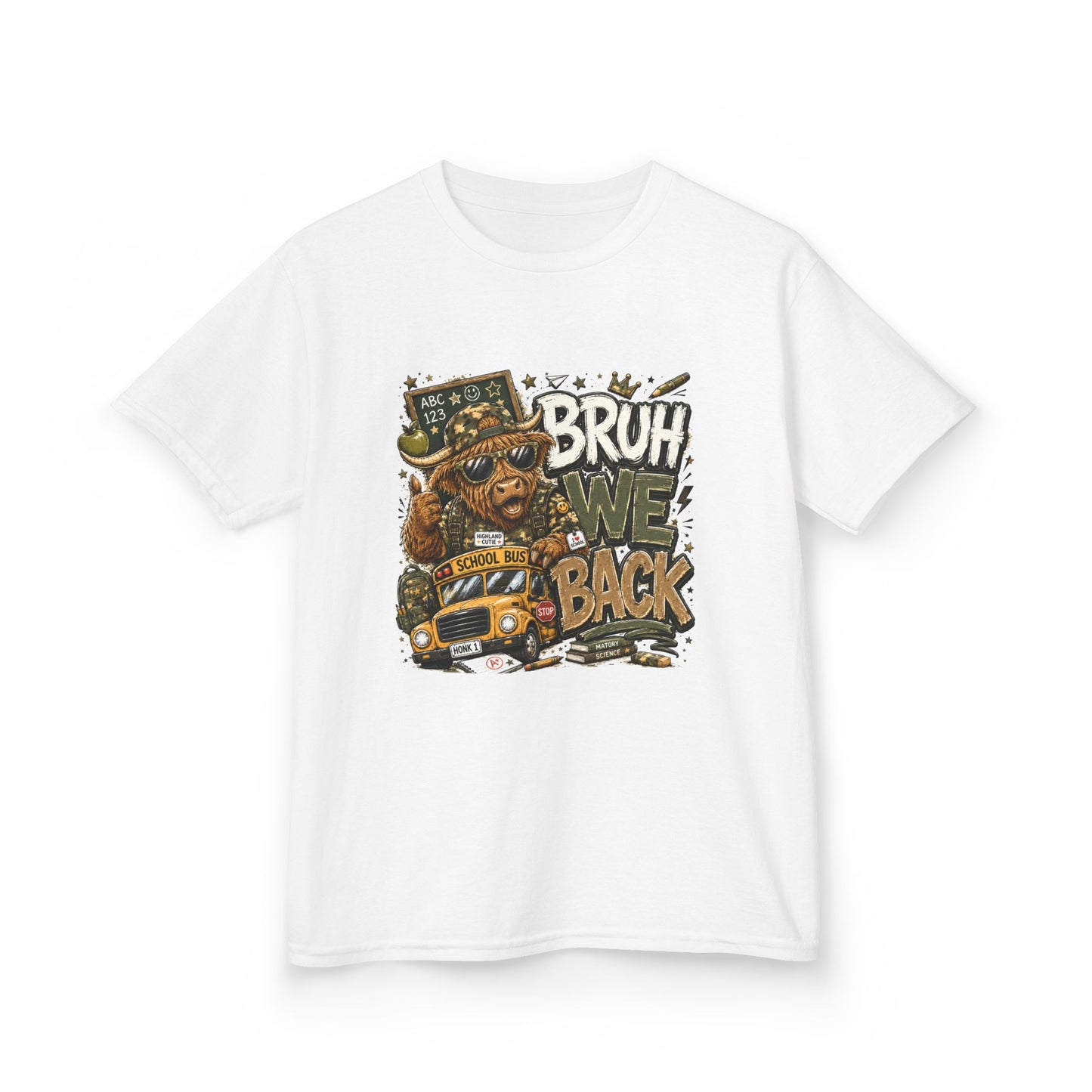 Kids Tee — 'Bruh We Back' Highland Cow Graphic