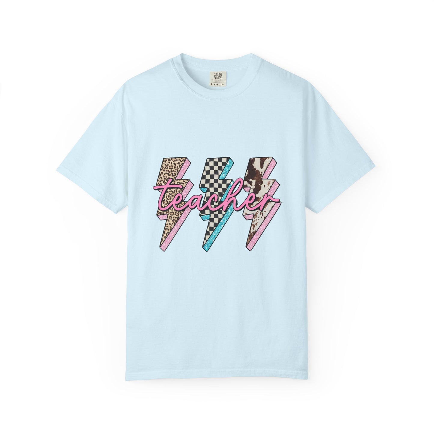Teacher Lightning Bolt Graphic Tee — Retro Pink Patterned "Teacher" Design