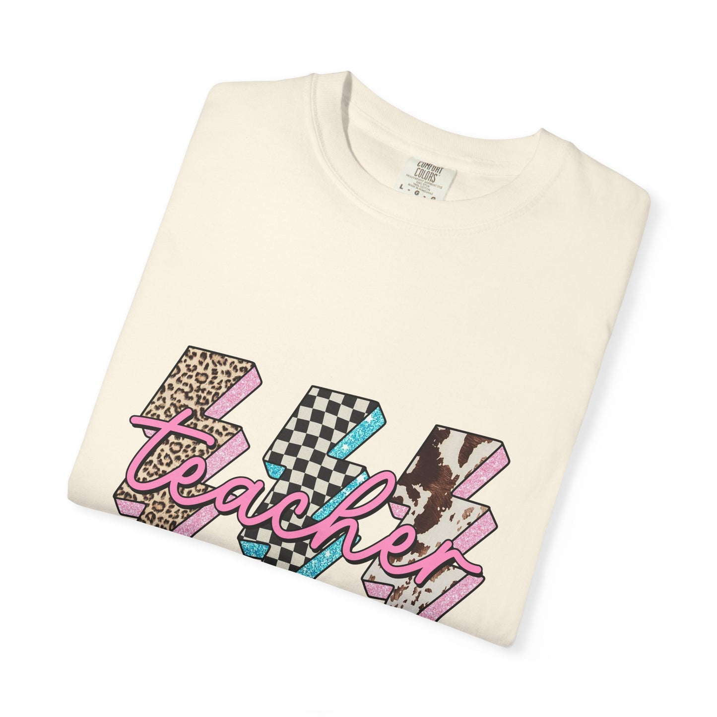 Teacher Lightning Bolt Graphic Tee — Retro Pink Patterned "Teacher" Design