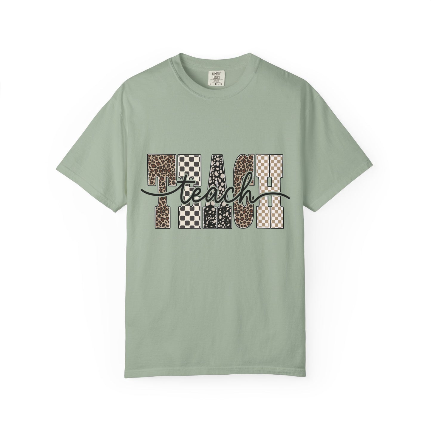 Teacher Graphic T-Shirt — Leopard & Checkerboard "Teach" Design