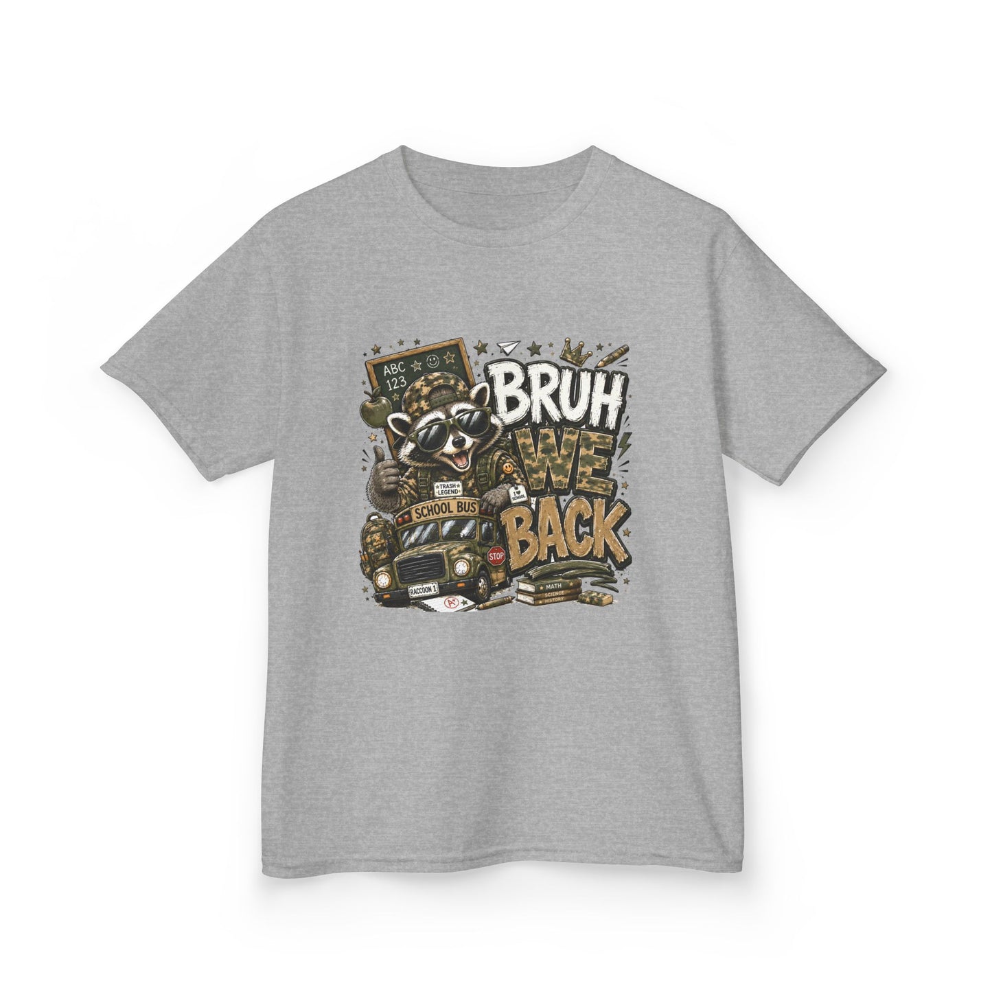 Kids Tee — "Bruh We Back" Cartoon Raccoon School Bus Graphic