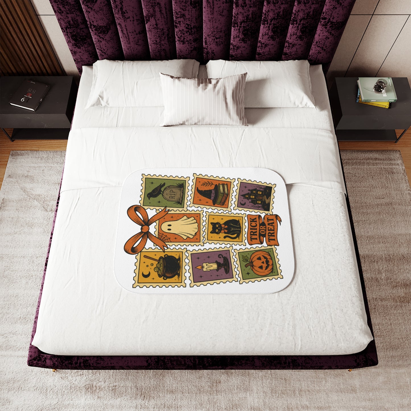 Halloween Stamp Sherpa Blanket – Trick or Treat Cozy Throw