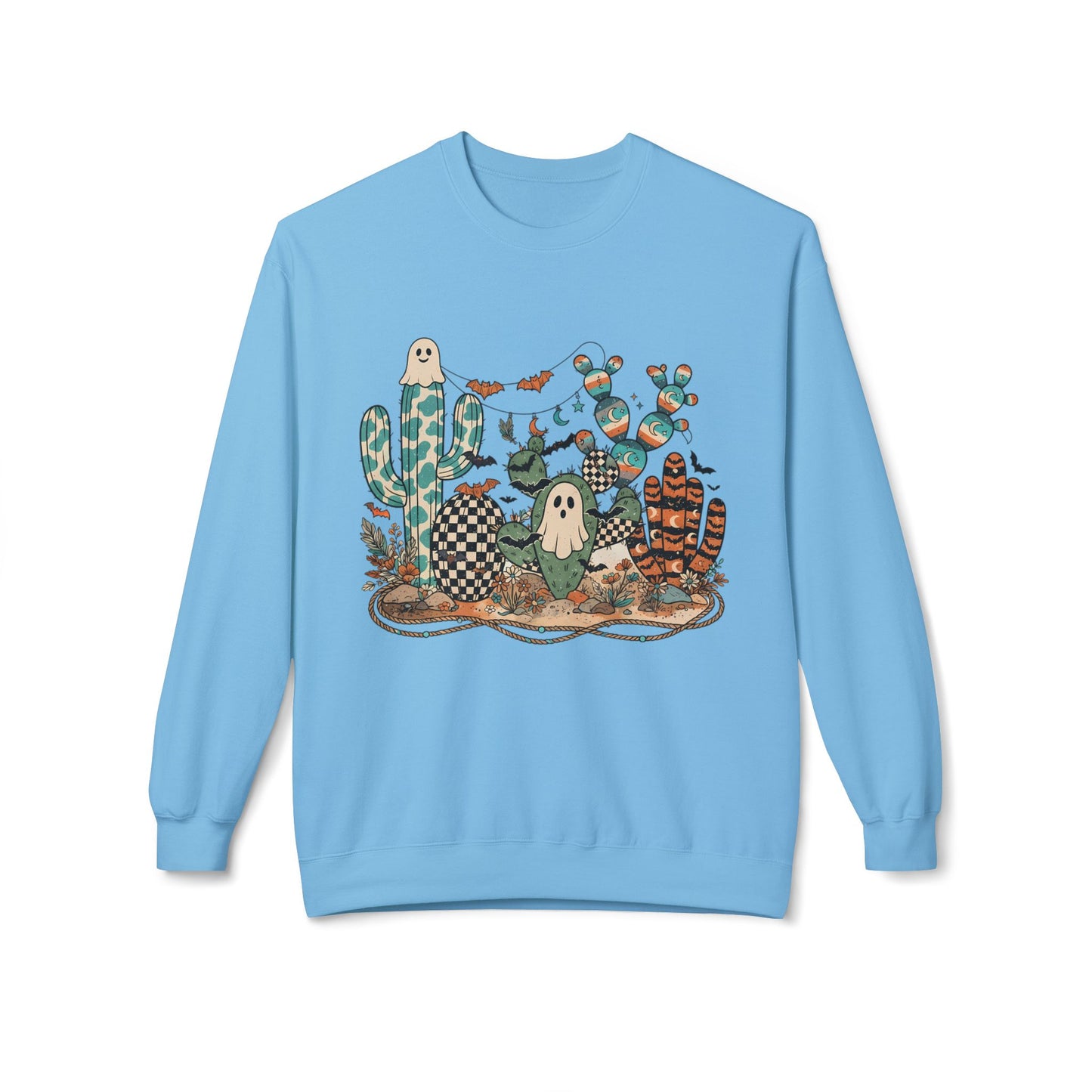 Halloween Cactus Crewneck Sweatshirt — Cute Ghosts & Desert Plants Graphic