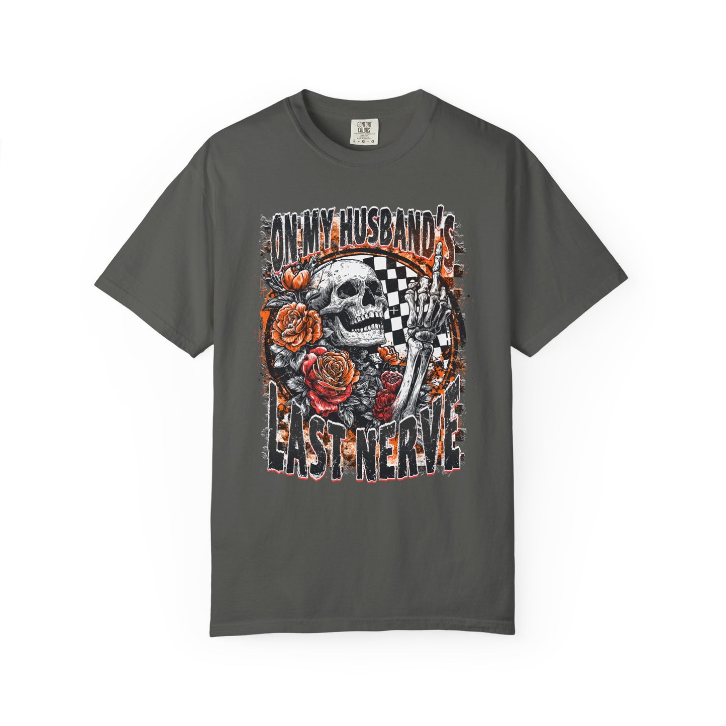 Easy Nerve T-Shirt — Skull, Roses & Racing Flag Graphic Tee