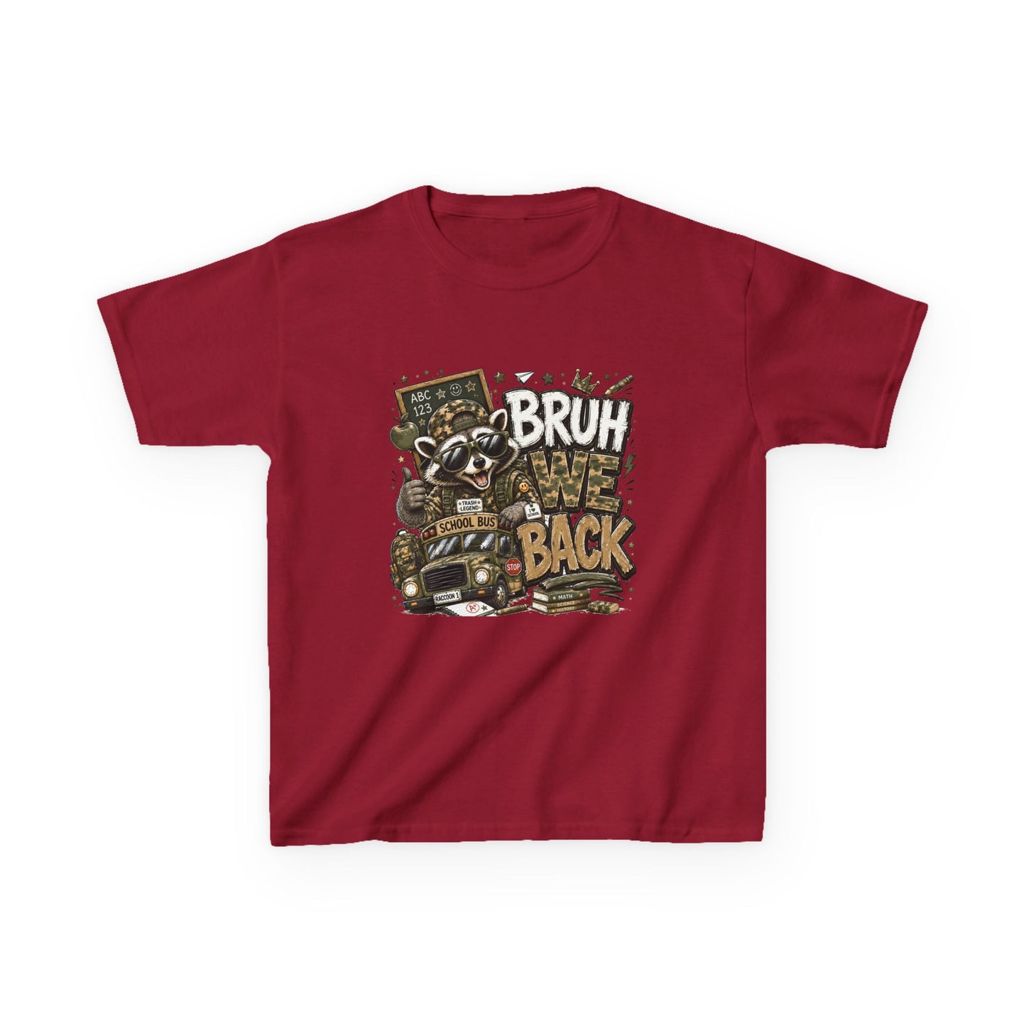 Kids Tee — "Bruh We Back" Cartoon Raccoon School Bus Graphic
