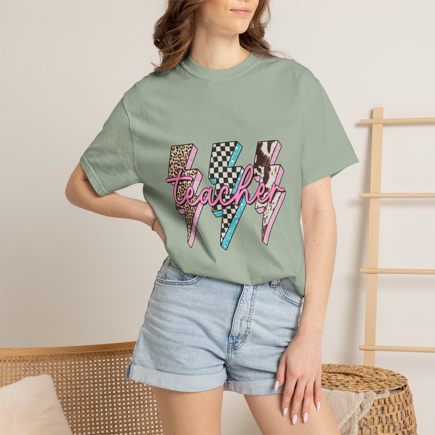 Teacher Lightning Bolt Graphic Tee — Retro Pink Patterned "Teacher" Design