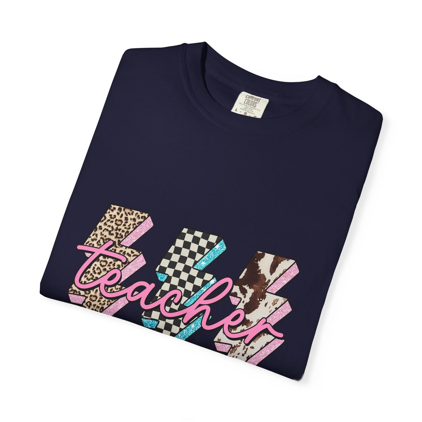 Teacher Lightning Bolt Graphic Tee — Retro Pink Patterned "Teacher" Design