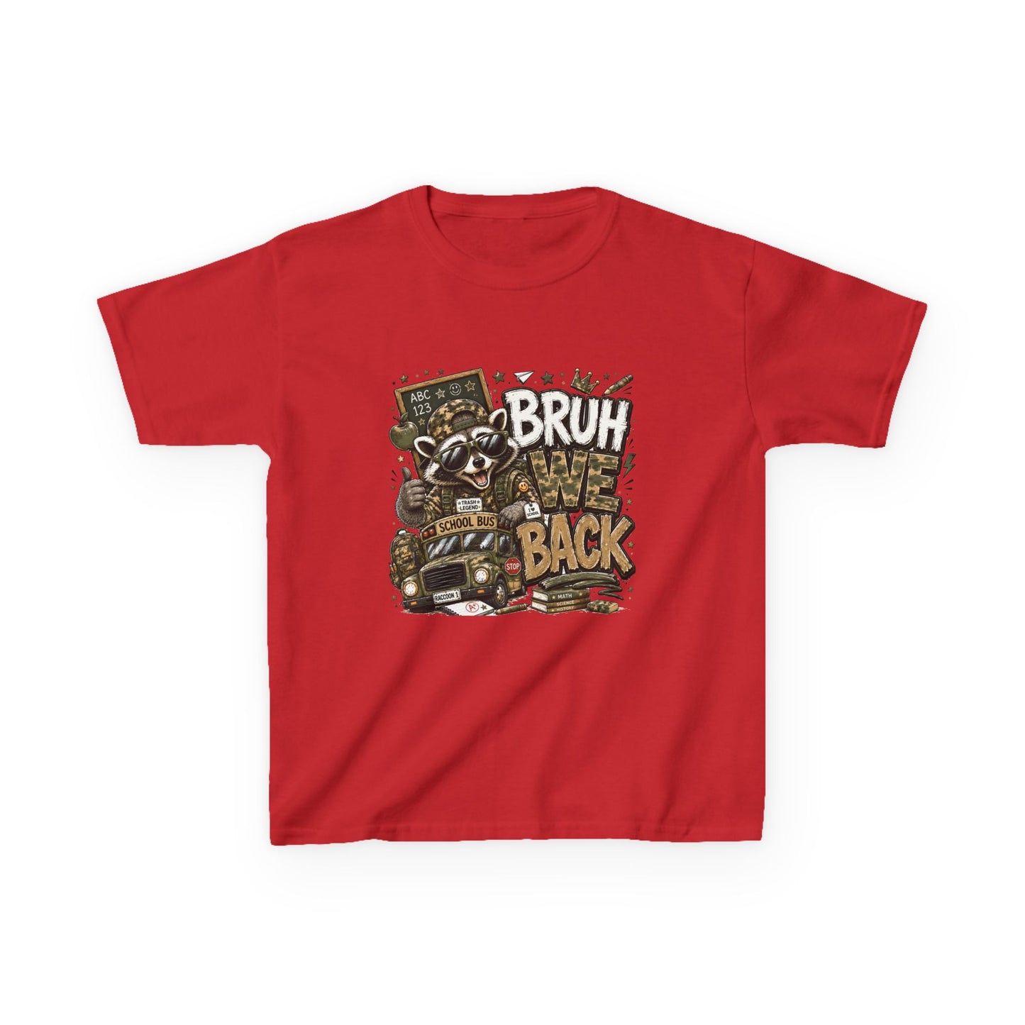 Kids Tee — "Bruh We Back" Cartoon Raccoon School Bus Graphic