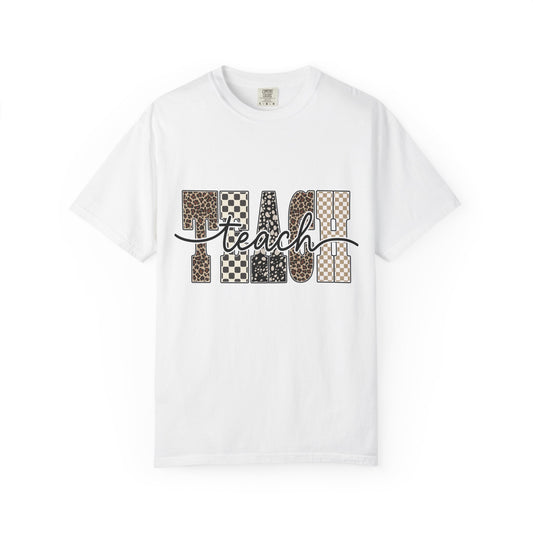 Teacher Graphic T-Shirt — Leopard & Checkerboard "Teach" Design