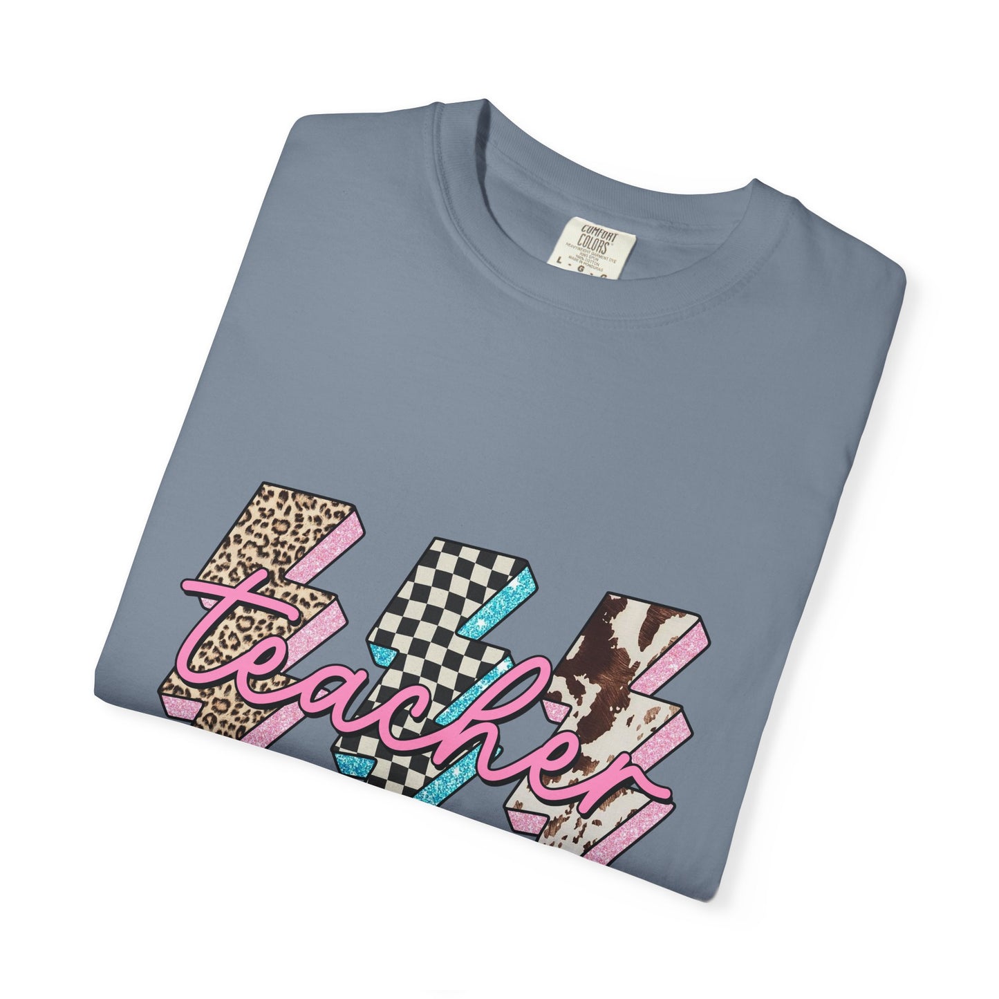 Teacher Lightning Bolt Graphic Tee — Retro Pink Patterned "Teacher" Design