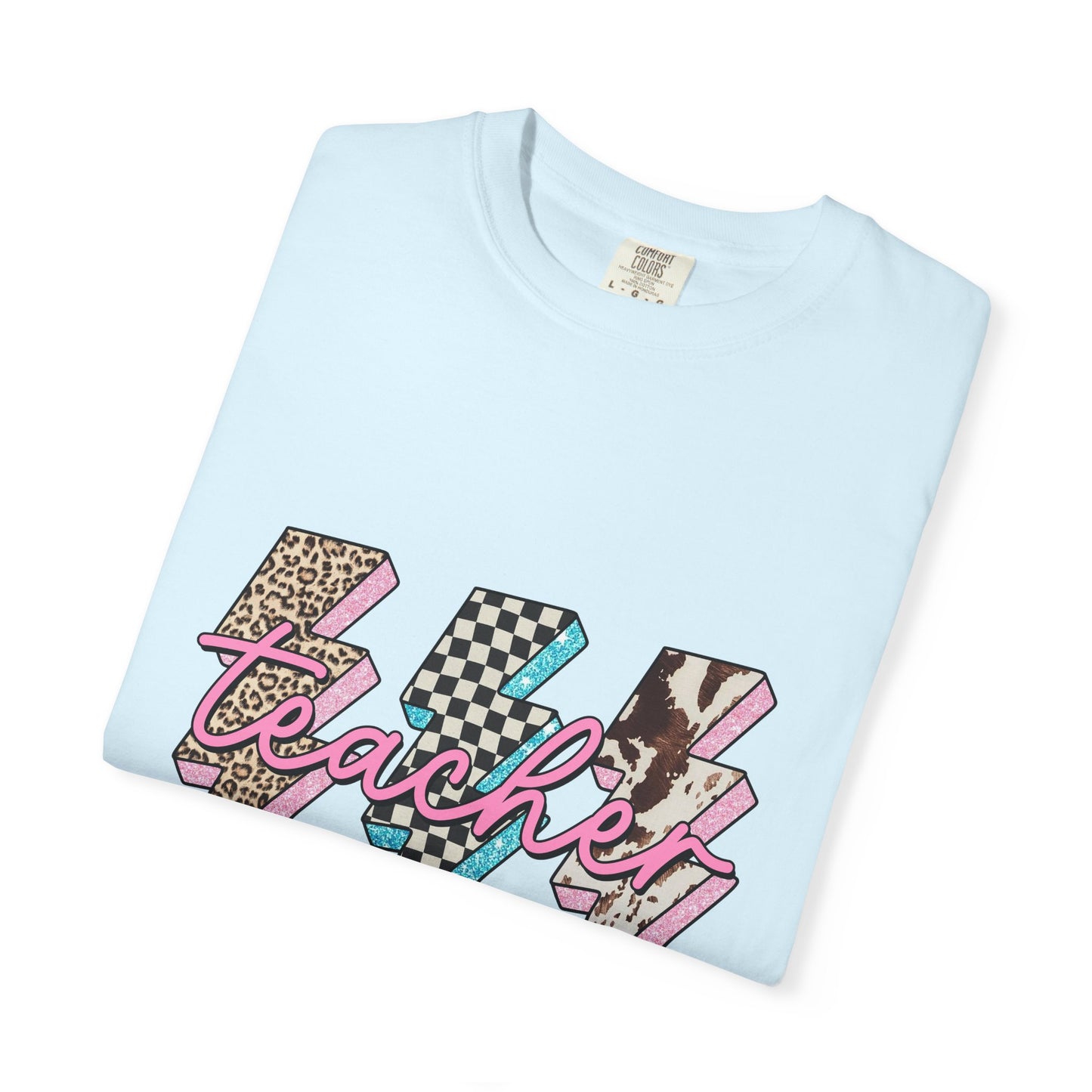 Teacher Lightning Bolt Graphic Tee — Retro Pink Patterned "Teacher" Design