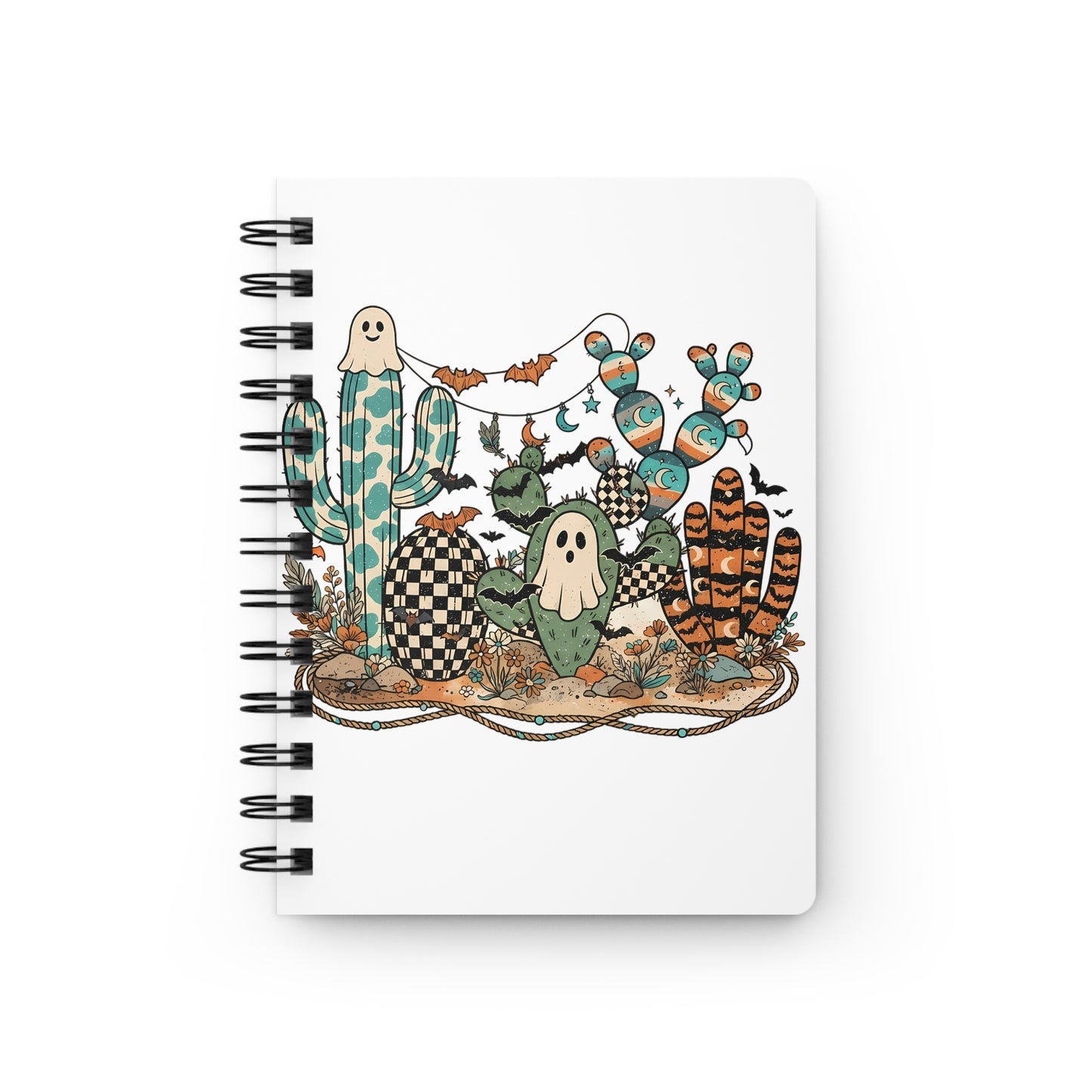 Southwestern Halloween Cactus Journal — Spiral Bound Notebook with Cute Ghosts & Desert Motif