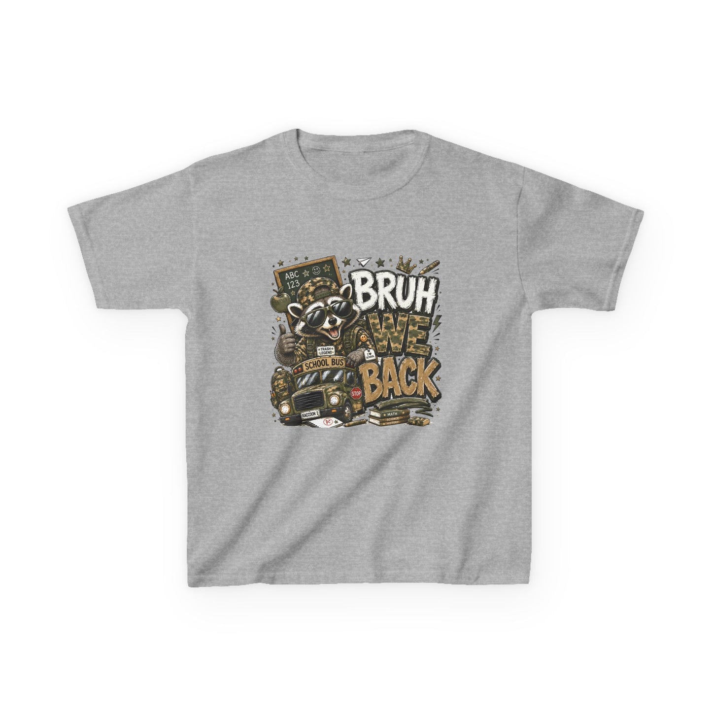 Kids Tee — "Bruh We Back" Cartoon Raccoon School Bus Graphic