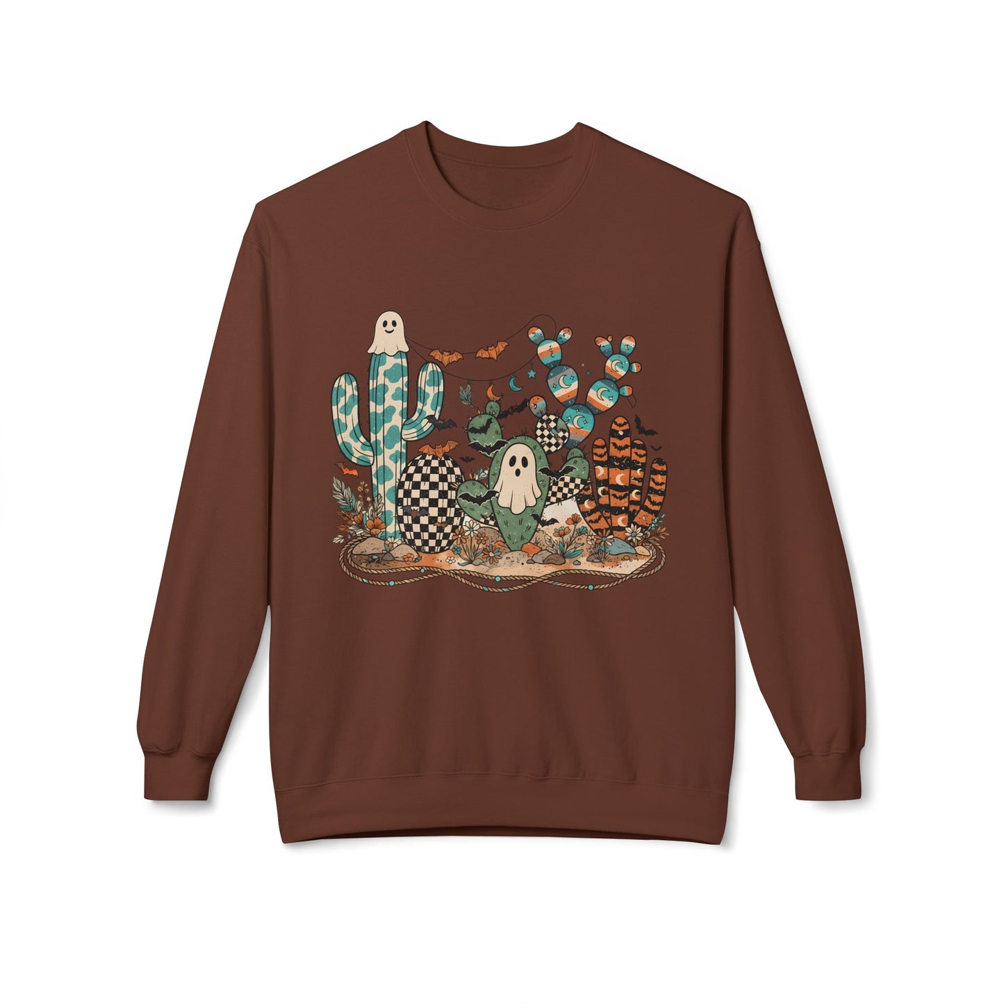 Halloween Cactus Crewneck Sweatshirt — Cute Ghosts & Desert Plants Graphic