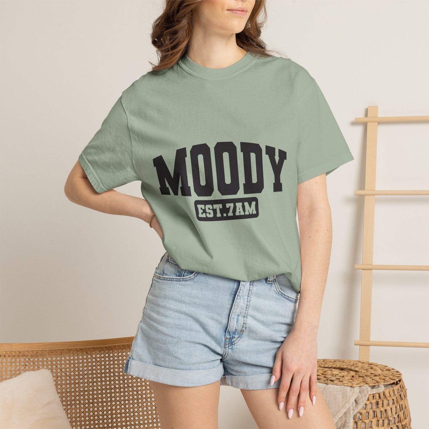 Moody EST. 7AM T-Shirt — Casual Graphic Tee for Coffee Lovers & Night Owls
