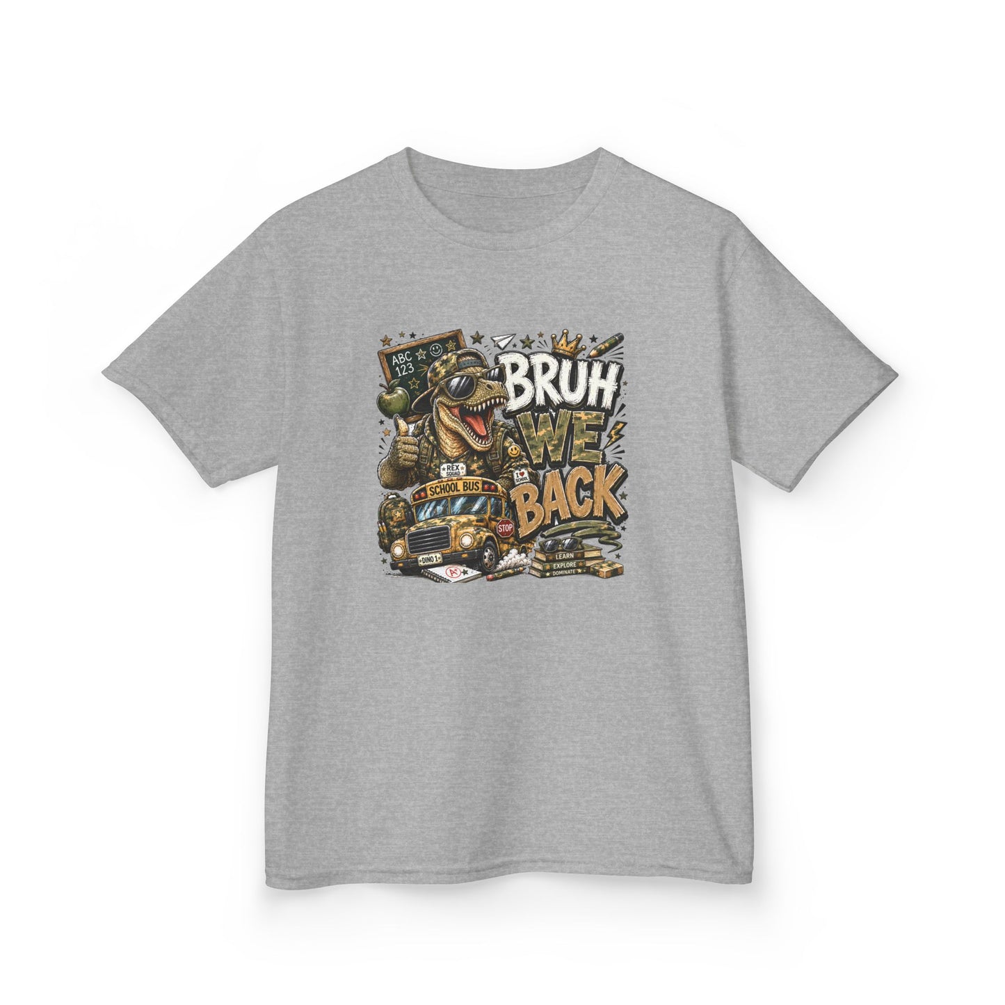 Kids Graphic Tee — "Bruh We Back" T- Rex Vintage Skate Dinosaur Crew Shirt