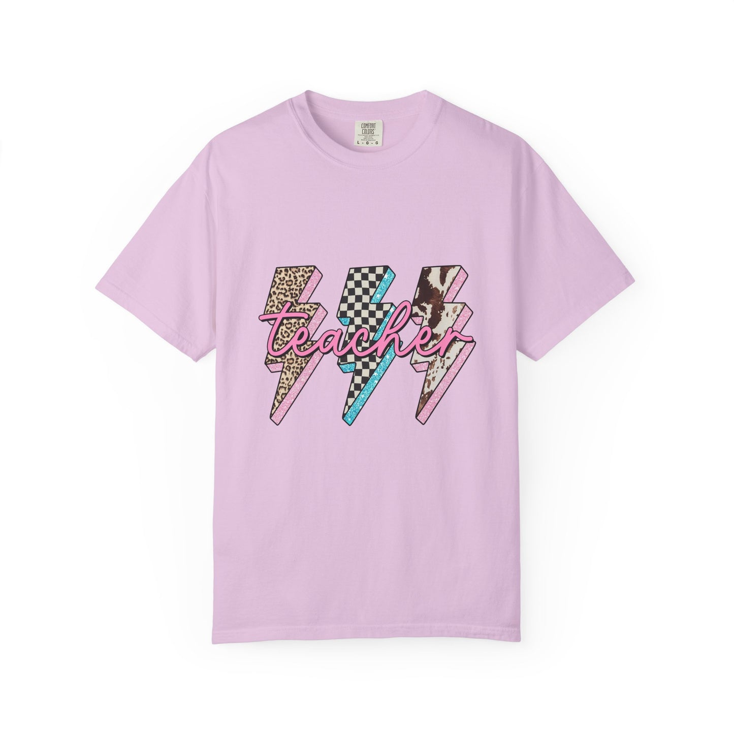 Teacher Lightning Bolt Graphic Tee — Retro Pink Patterned "Teacher" Design