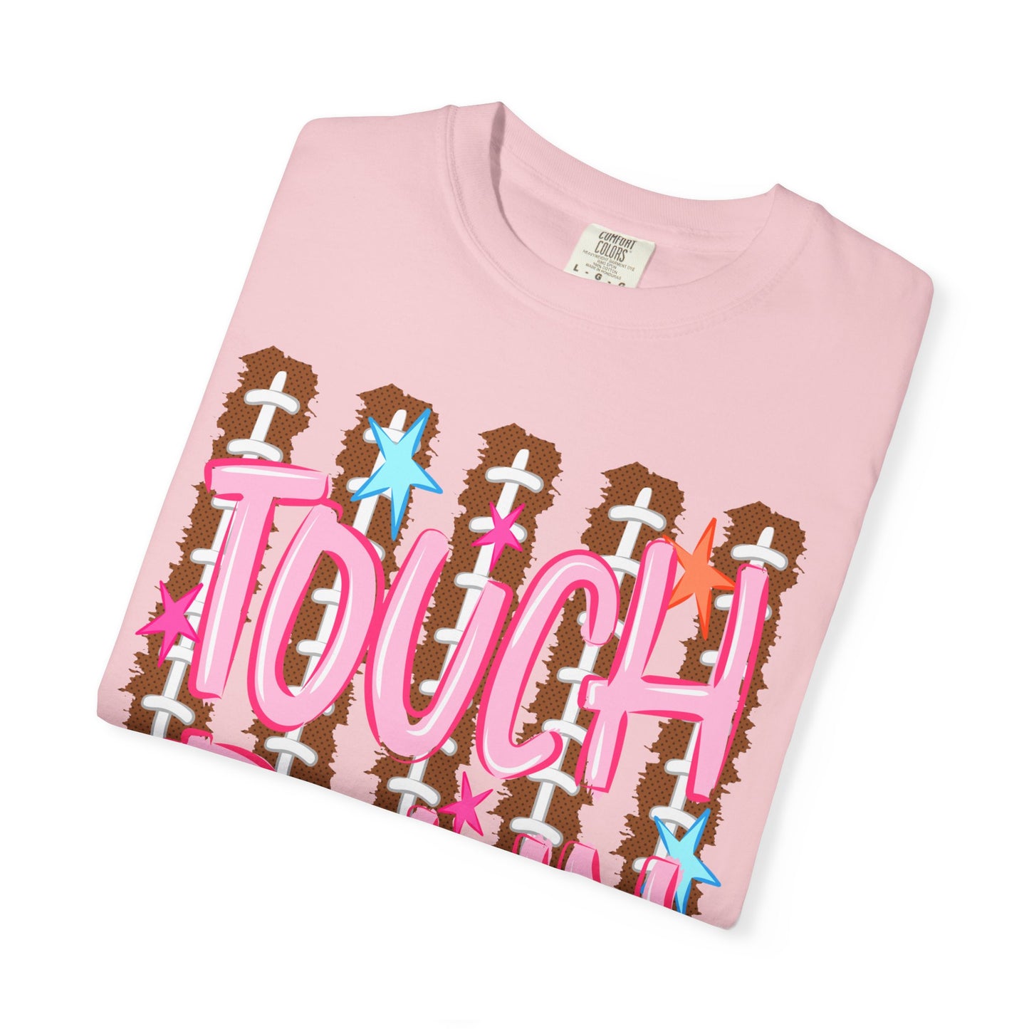 Touchdown Football Tee — Pink Script on Football Stitch Background
