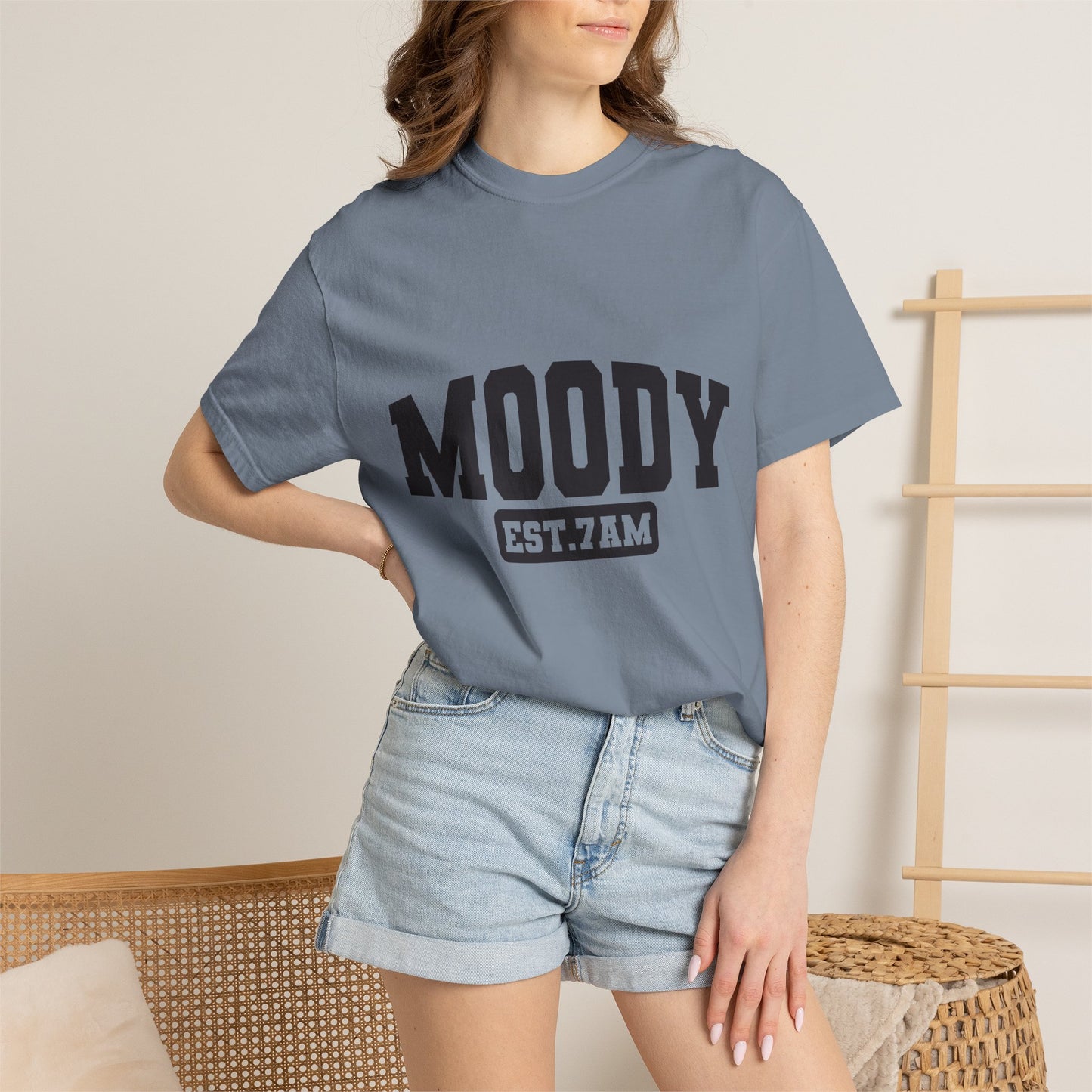 Moody EST. 7AM T-Shirt — Casual Graphic Tee for Coffee Lovers & Night Owls