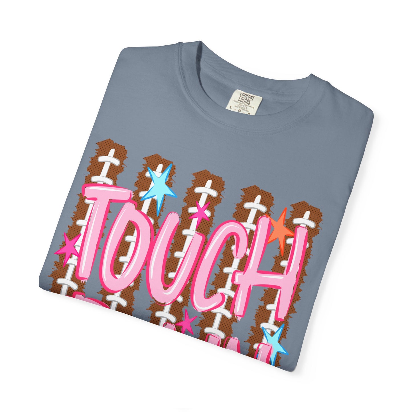 Touchdown Football Tee — Pink Script on Football Stitch Background