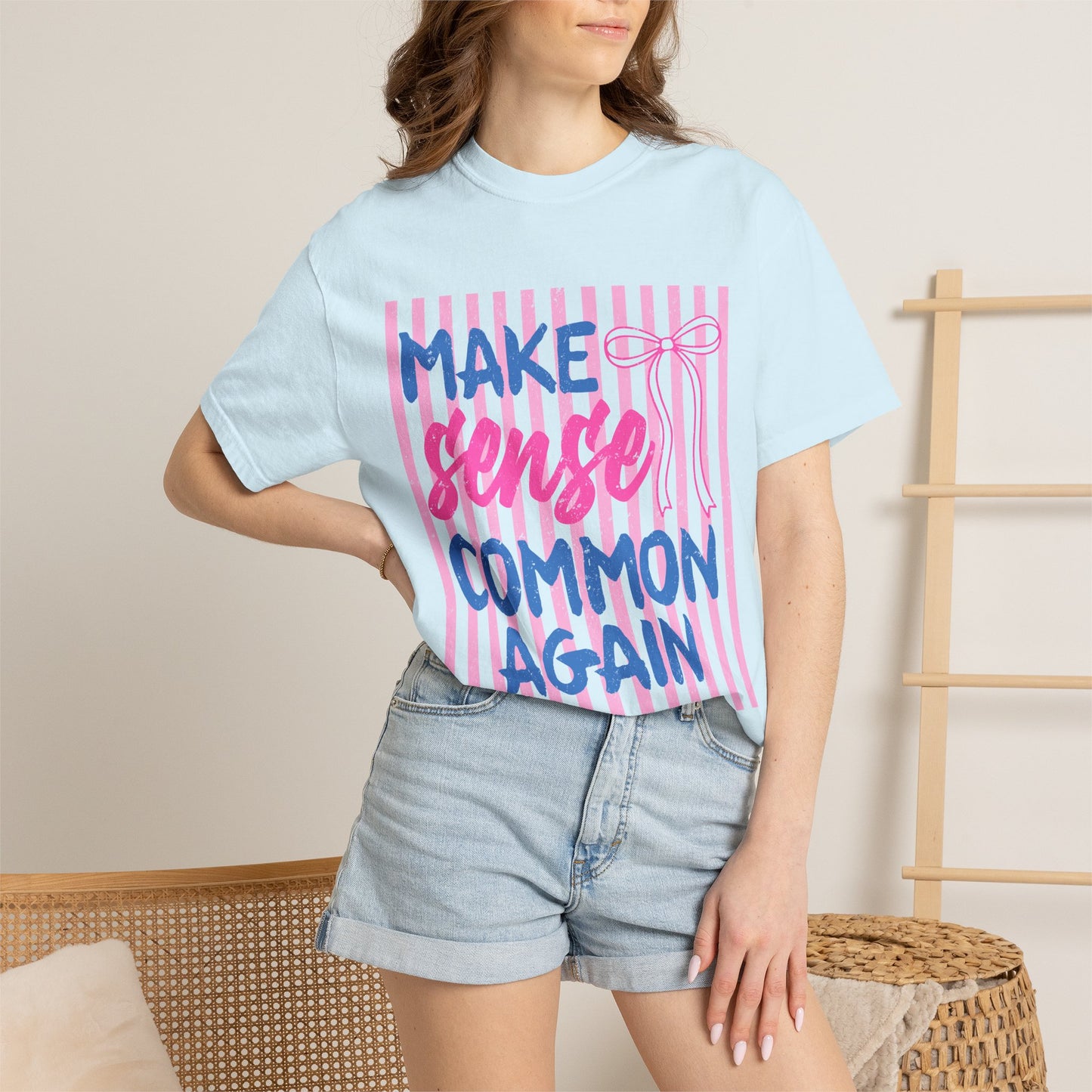 Make Sense Common Again T-Shirt — Feminine Pink Stripe Graphic Tee