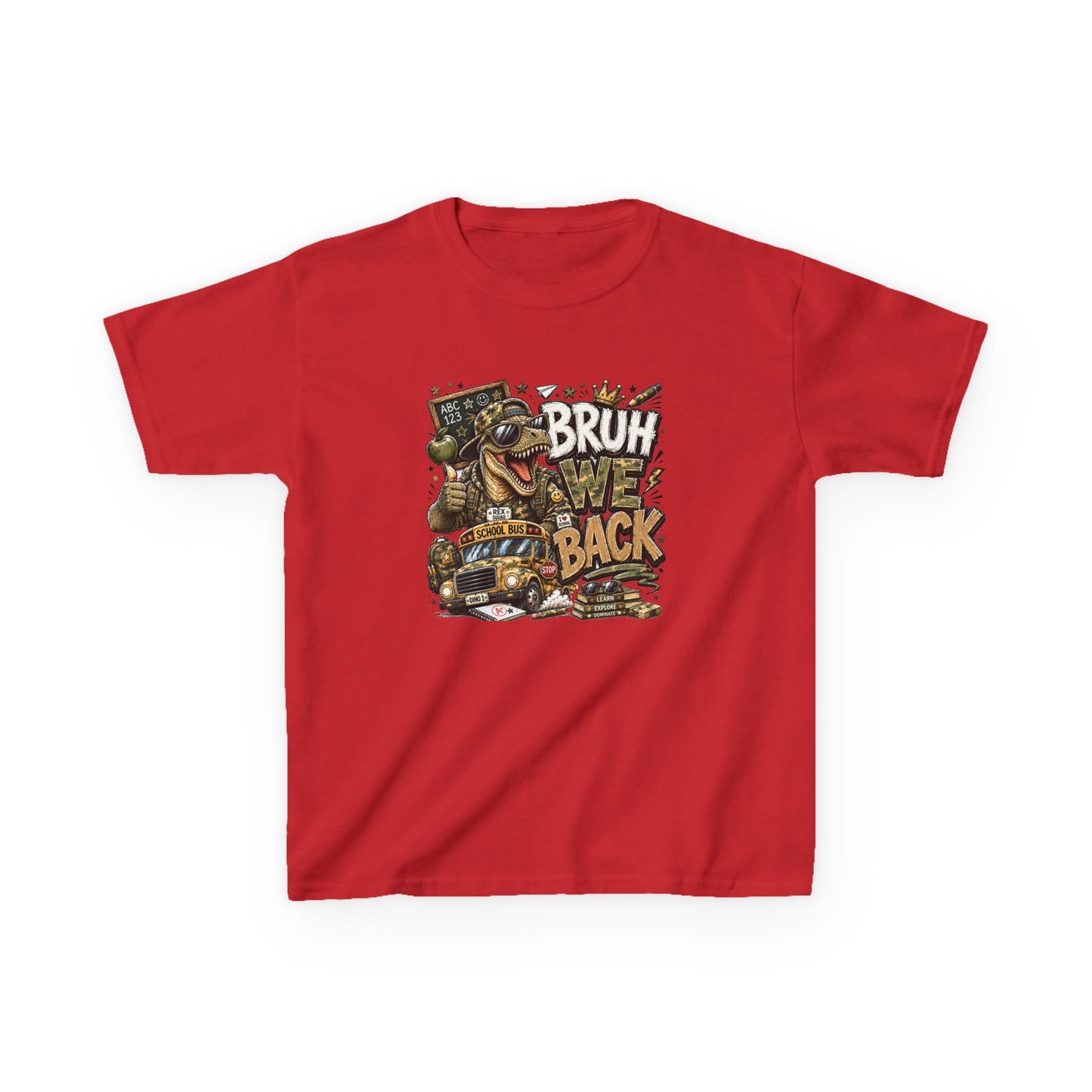 Kids Graphic Tee — "Bruh We Back" T- Rex Vintage Skate Dinosaur Crew Shirt