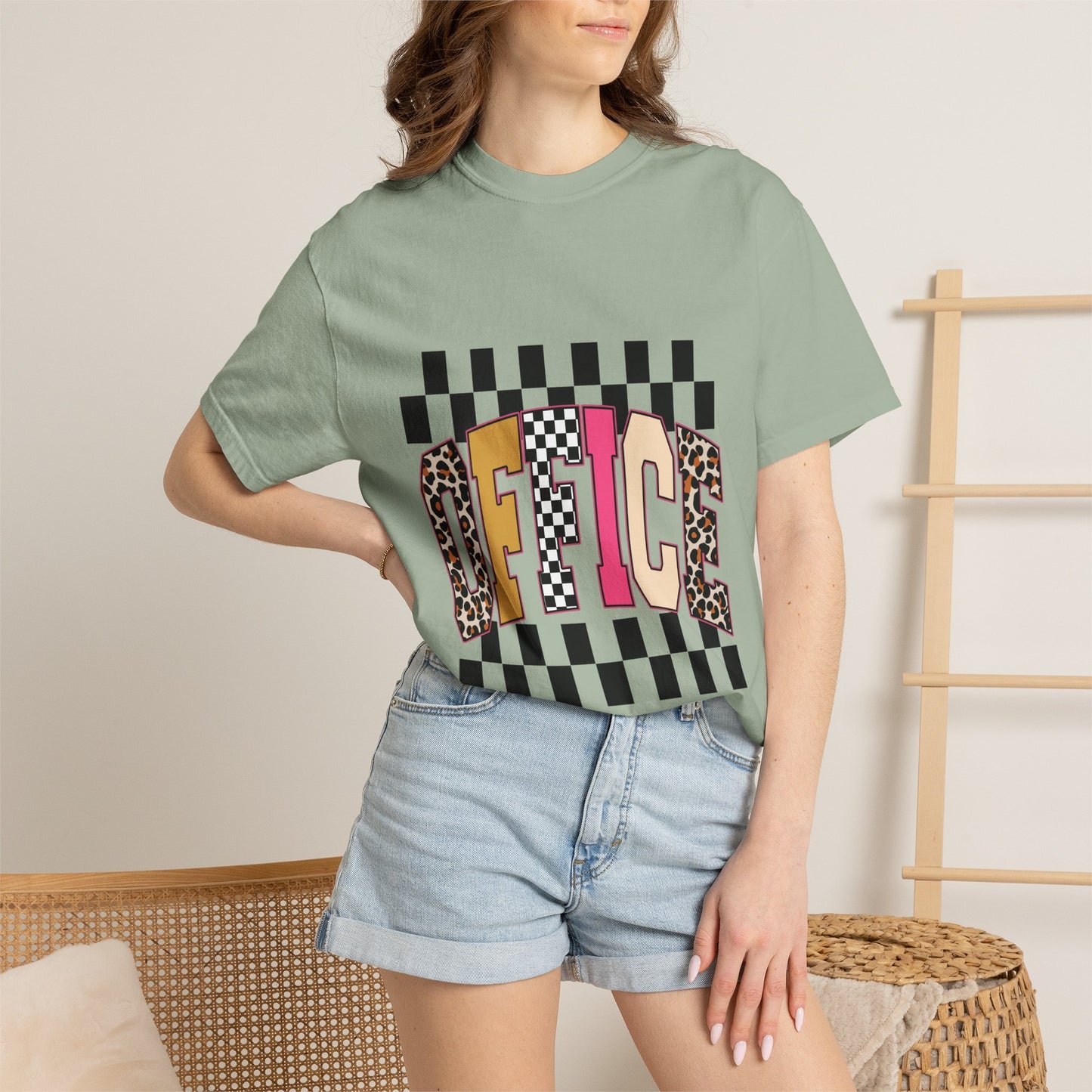 Office Checkerboard Graphic T-Shirt — Colorful Leopard & Retro Lettering