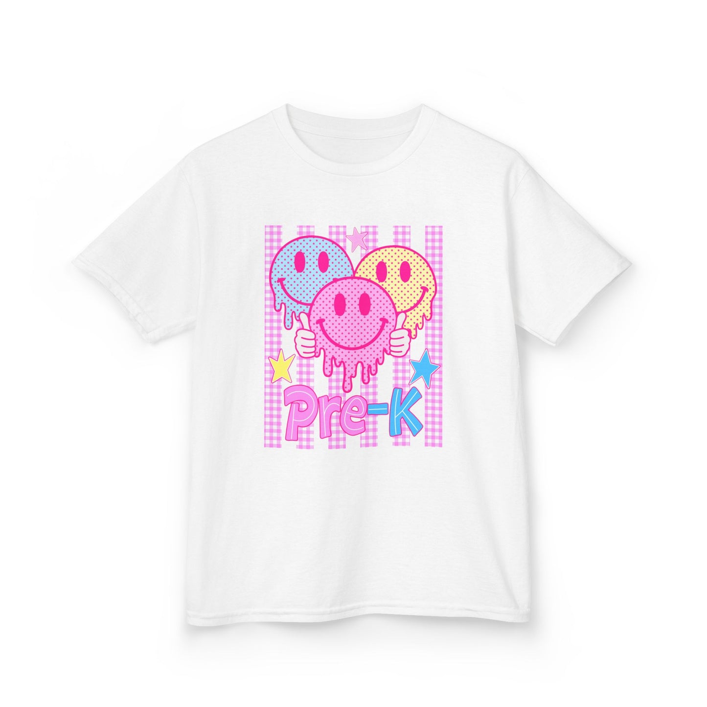 Pre-K Smiley Faces Kids T-Shirt — Cute Drip Neon Preschool Tee
