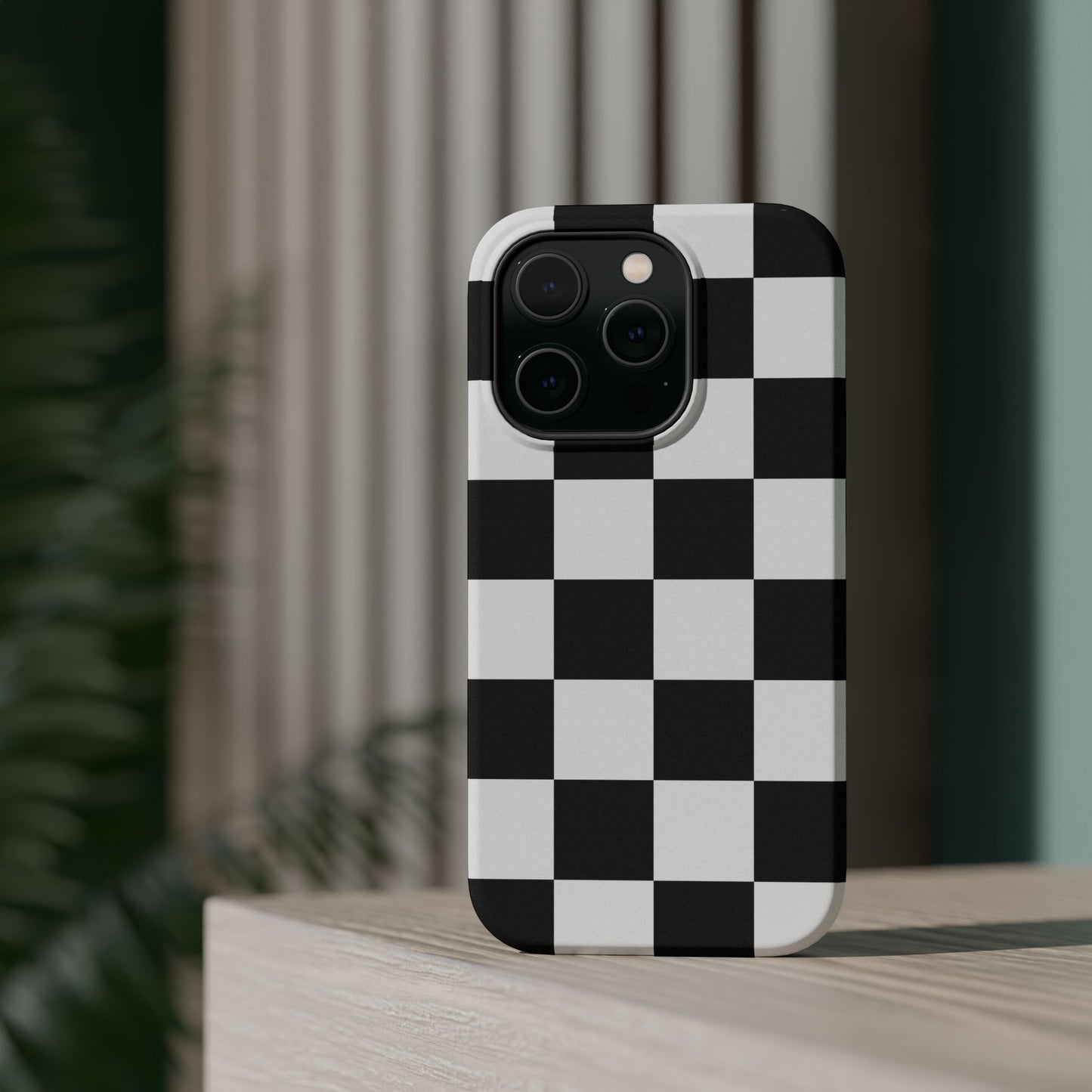 Black & White Checkered Magnetic Impact Phone Case — Shockproof, Wireless Charging Compatible