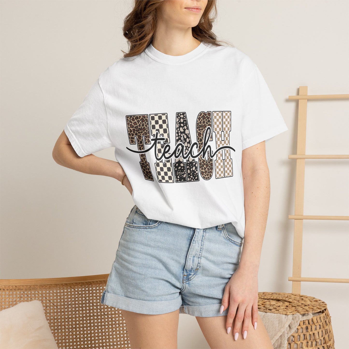 Teacher Graphic T-Shirt — Leopard & Checkerboard "Teach" Design