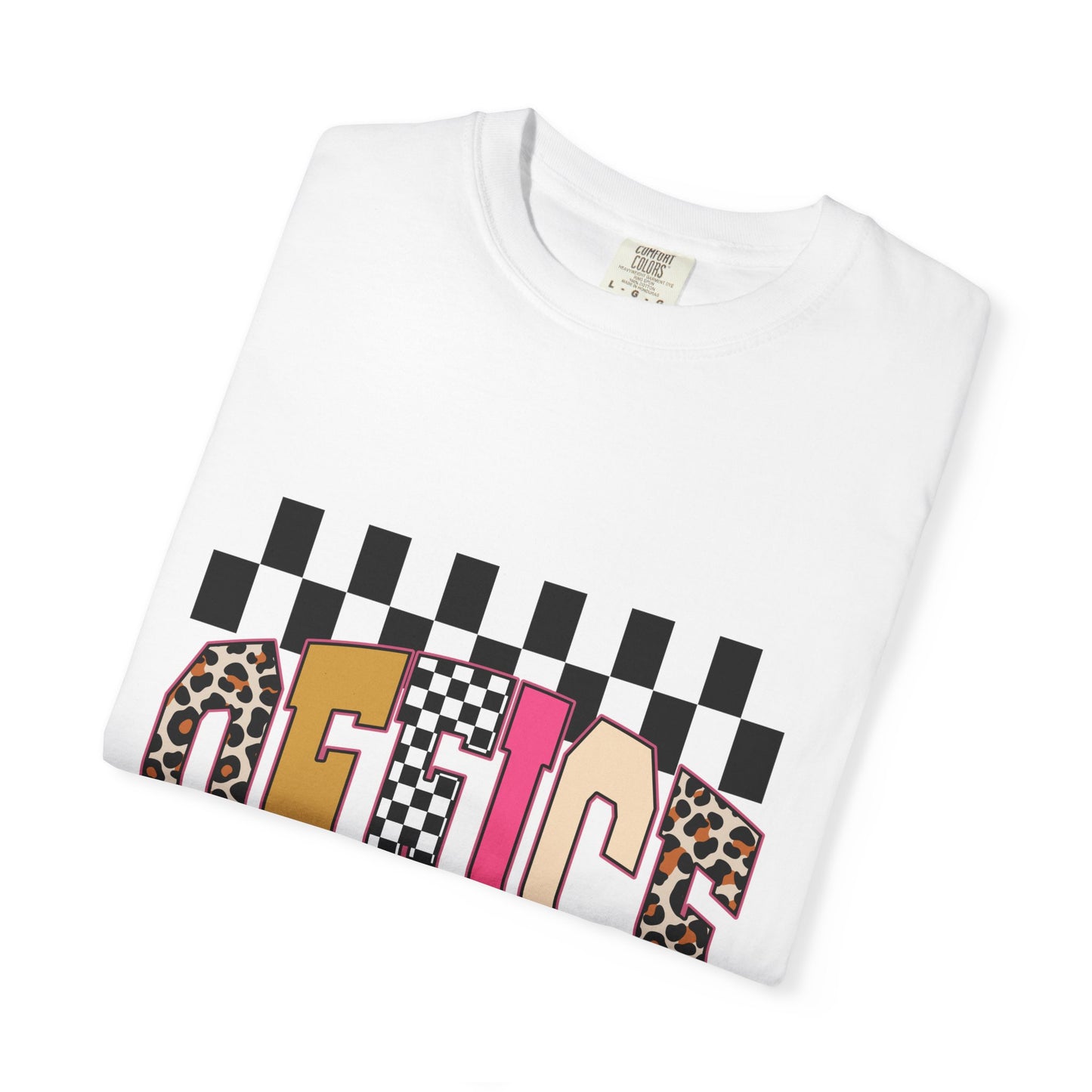 Office Checkerboard Graphic T-Shirt — Colorful Leopard & Retro Lettering