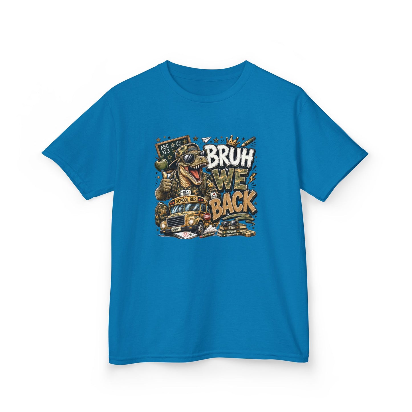 Kids Graphic Tee — "Bruh We Back" T- Rex Vintage Skate Dinosaur Crew Shirt