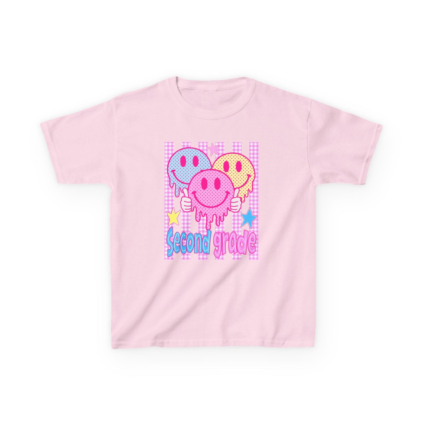 Second Grade Smiles Kids T‑Shirt — Colorful Drip Smiley Graphic for Back to School