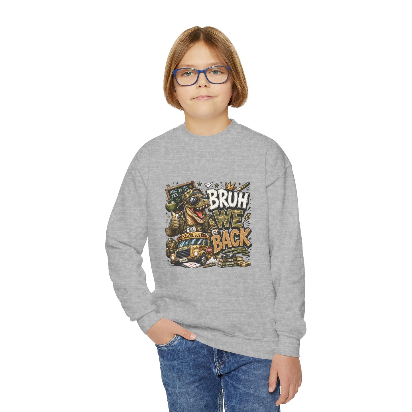 Youth Crewneck Sweatshirt - 'Bruh We Back' Retro Skate Graphic Sweatshirt