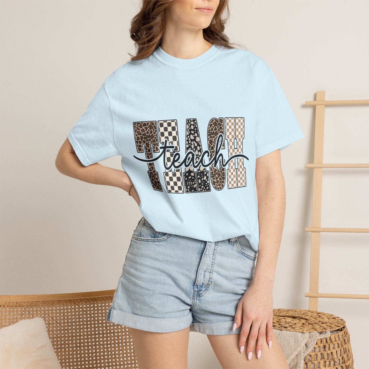 Teacher Graphic T-Shirt — Leopard & Checkerboard "Teach" Design
