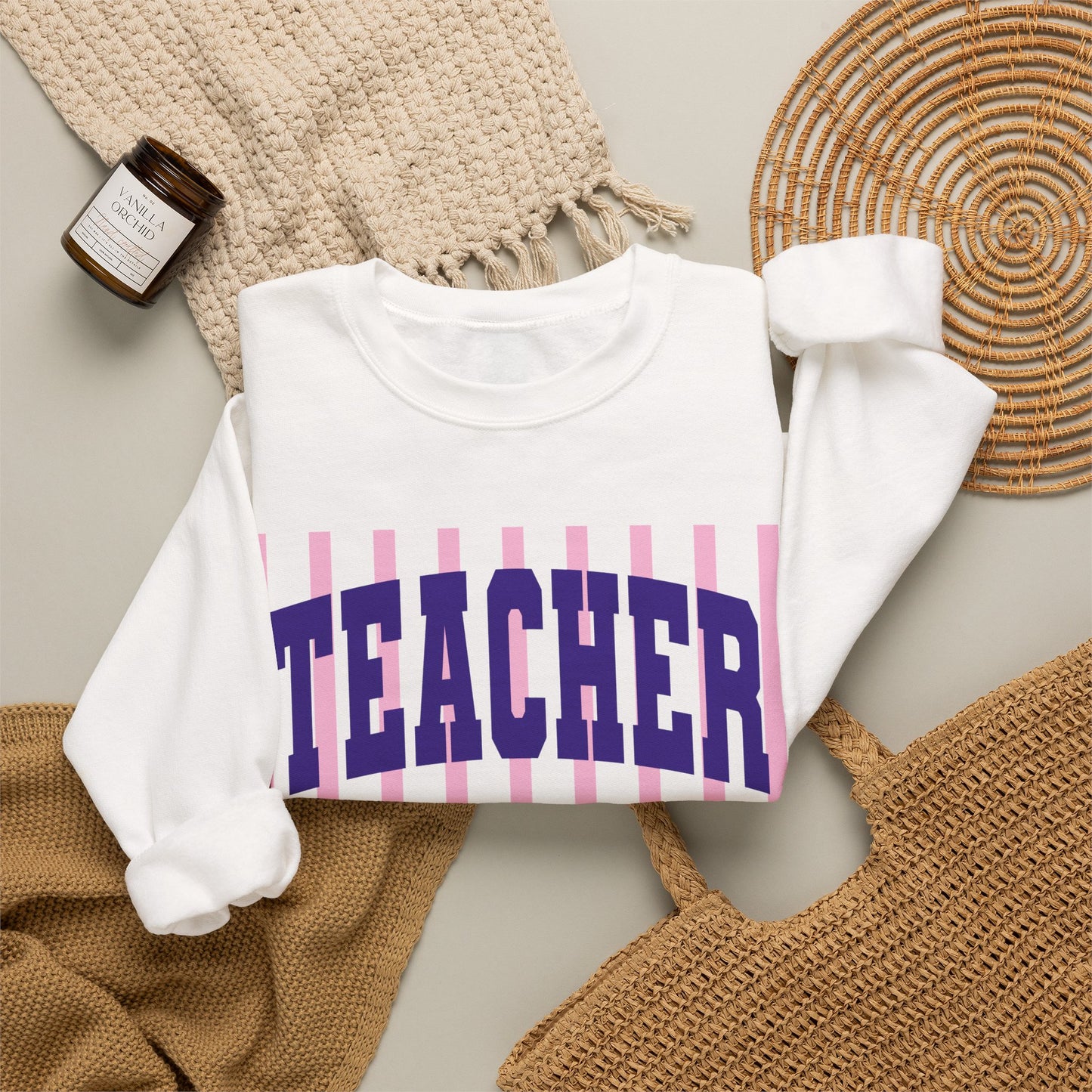 Teacher Crewneck Sweatshirt — Pink Stripes & Bow Design