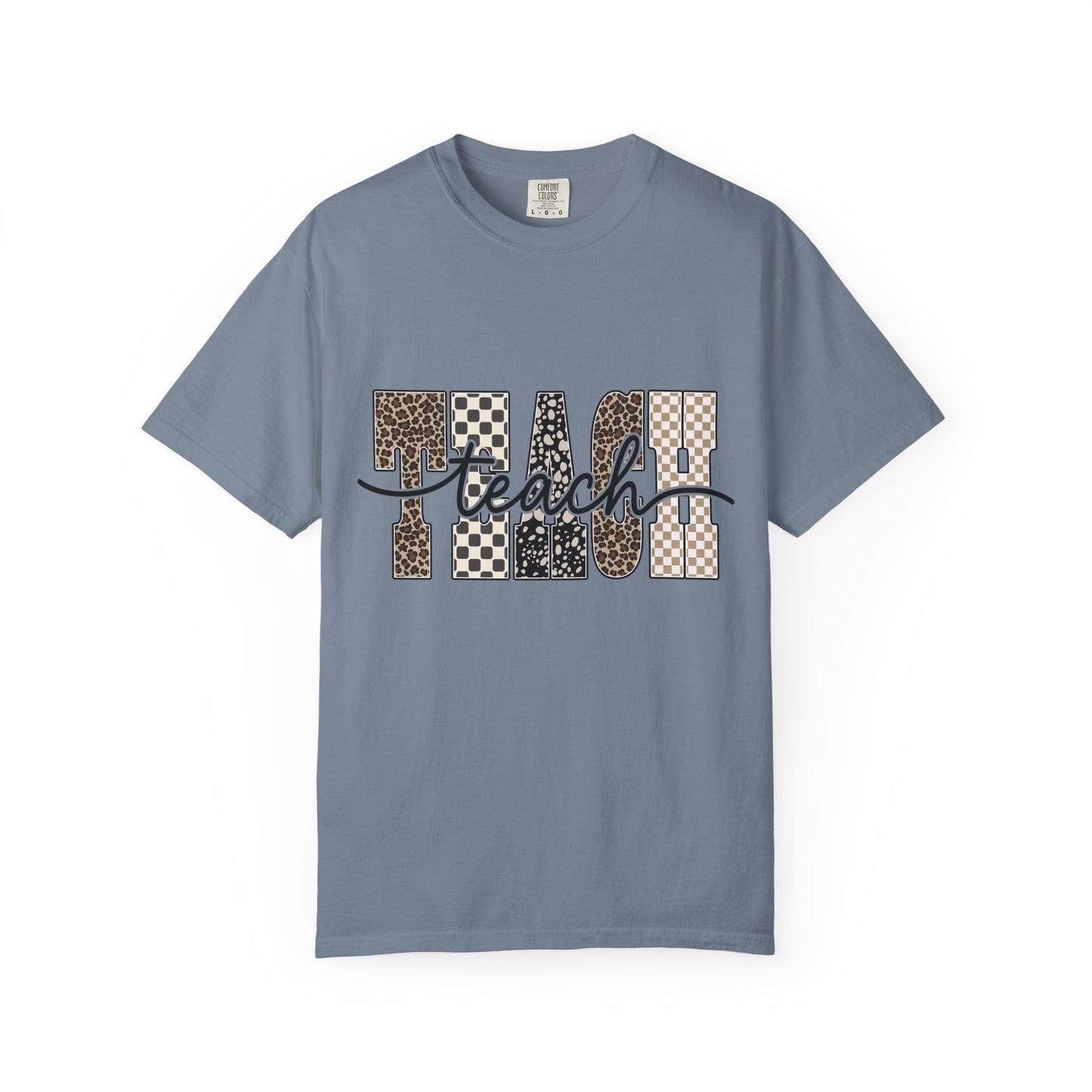 Teacher Graphic T-Shirt — Leopard & Checkerboard "Teach" Design