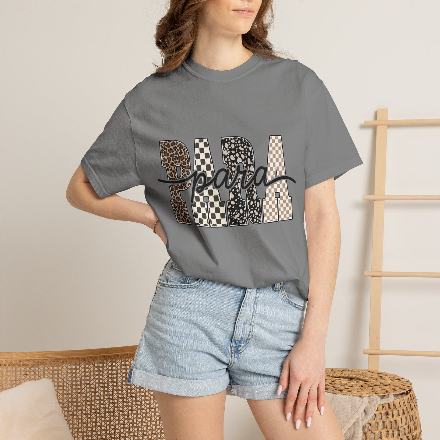 Para T-Shirt — Leopard & Checker Block Letter Graphic Tee