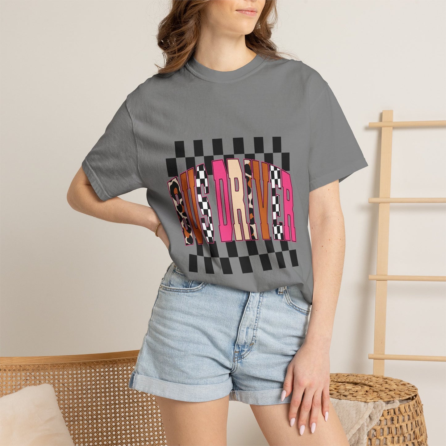 T-Shirt — 'Bus Driver' Checkerboard Graphic Tee (Retro Skate/Punk Vibe)