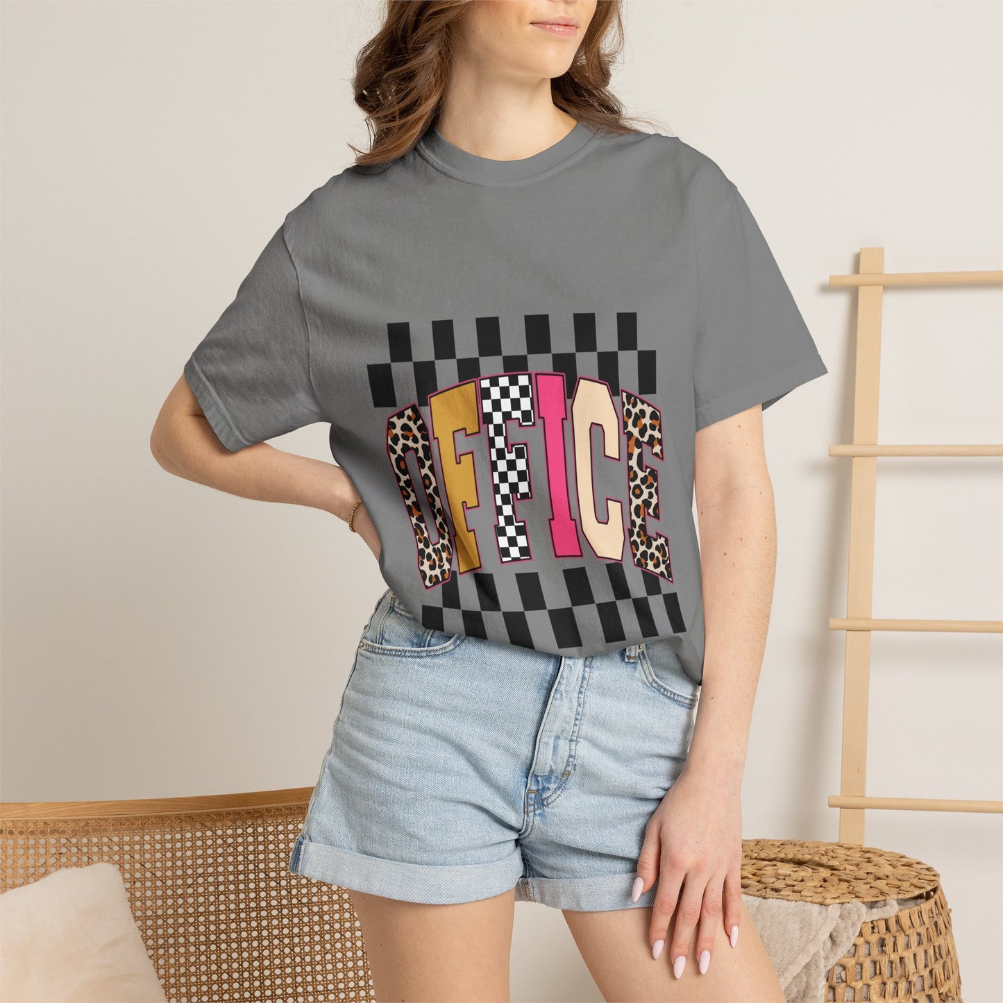 Office Checkerboard Graphic T-Shirt — Colorful Leopard & Retro Lettering