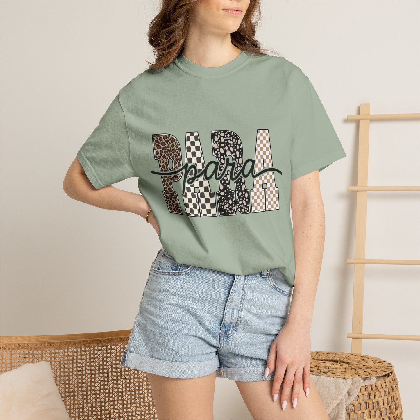 Para T-Shirt — Leopard & Checker Block Letter Graphic Tee