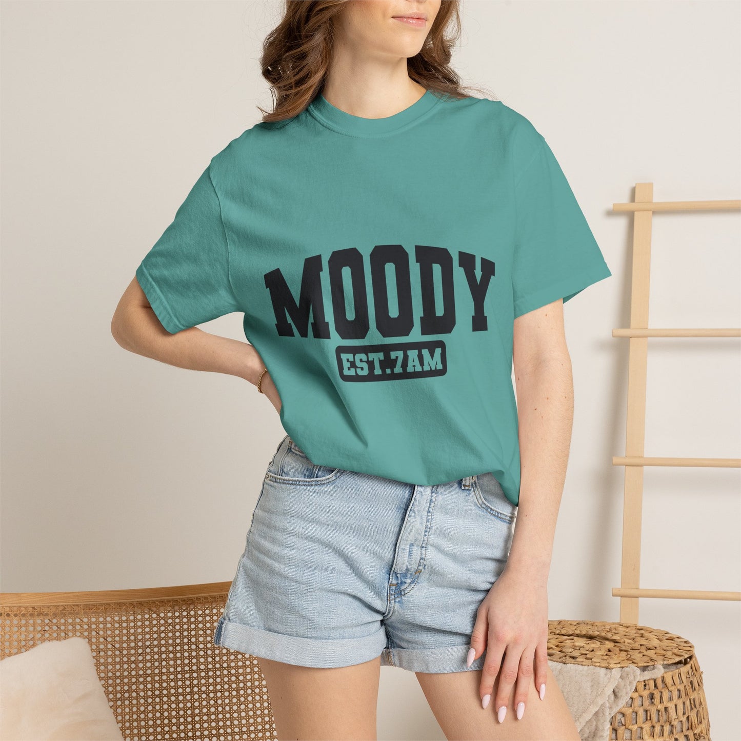 Moody EST. 7AM T-Shirt — Casual Graphic Tee for Coffee Lovers & Night Owls