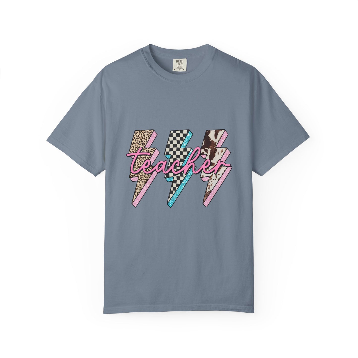 Teacher Lightning Bolt Graphic Tee — Retro Pink Patterned "Teacher" Design