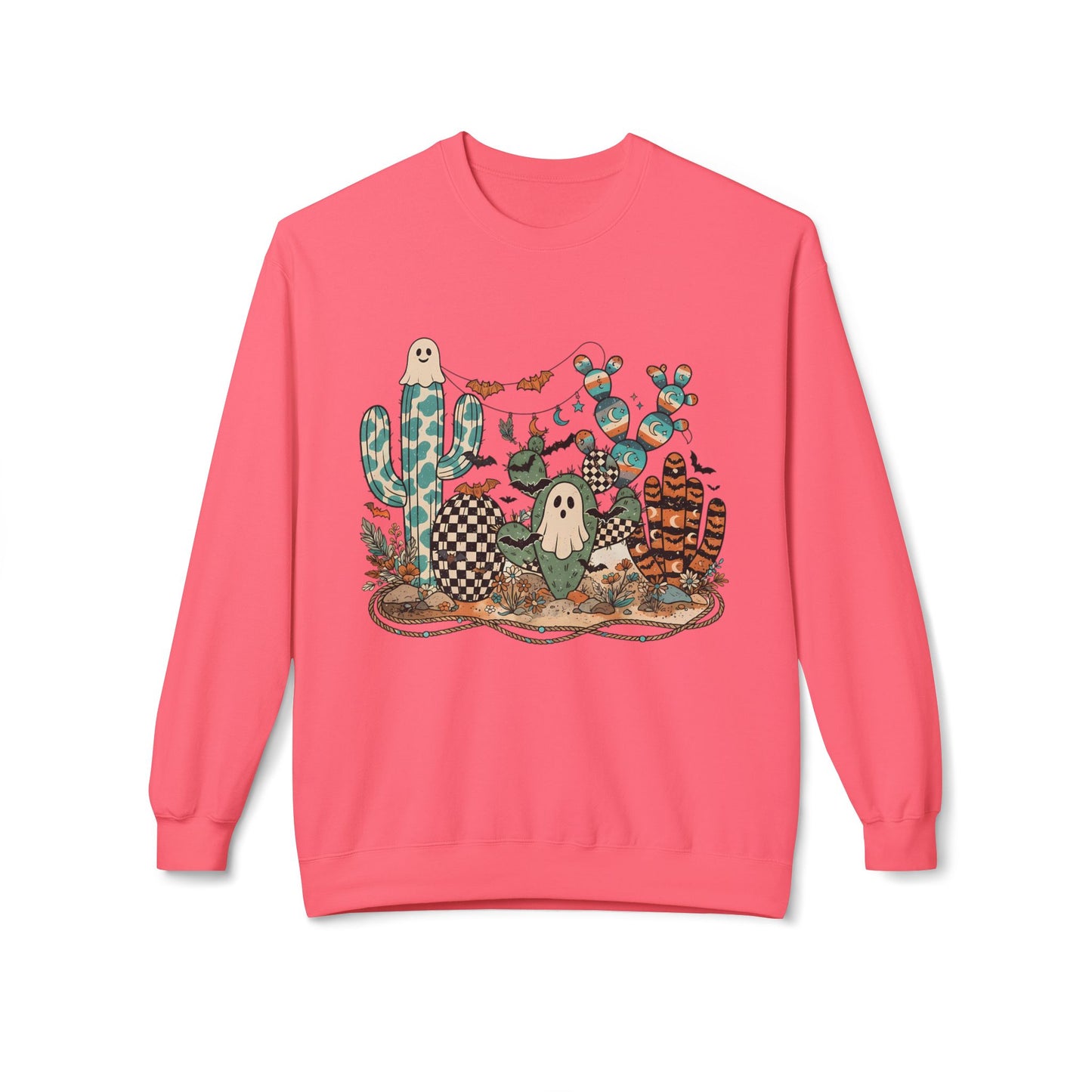 Halloween Cactus Crewneck Sweatshirt — Cute Ghosts & Desert Plants Graphic
