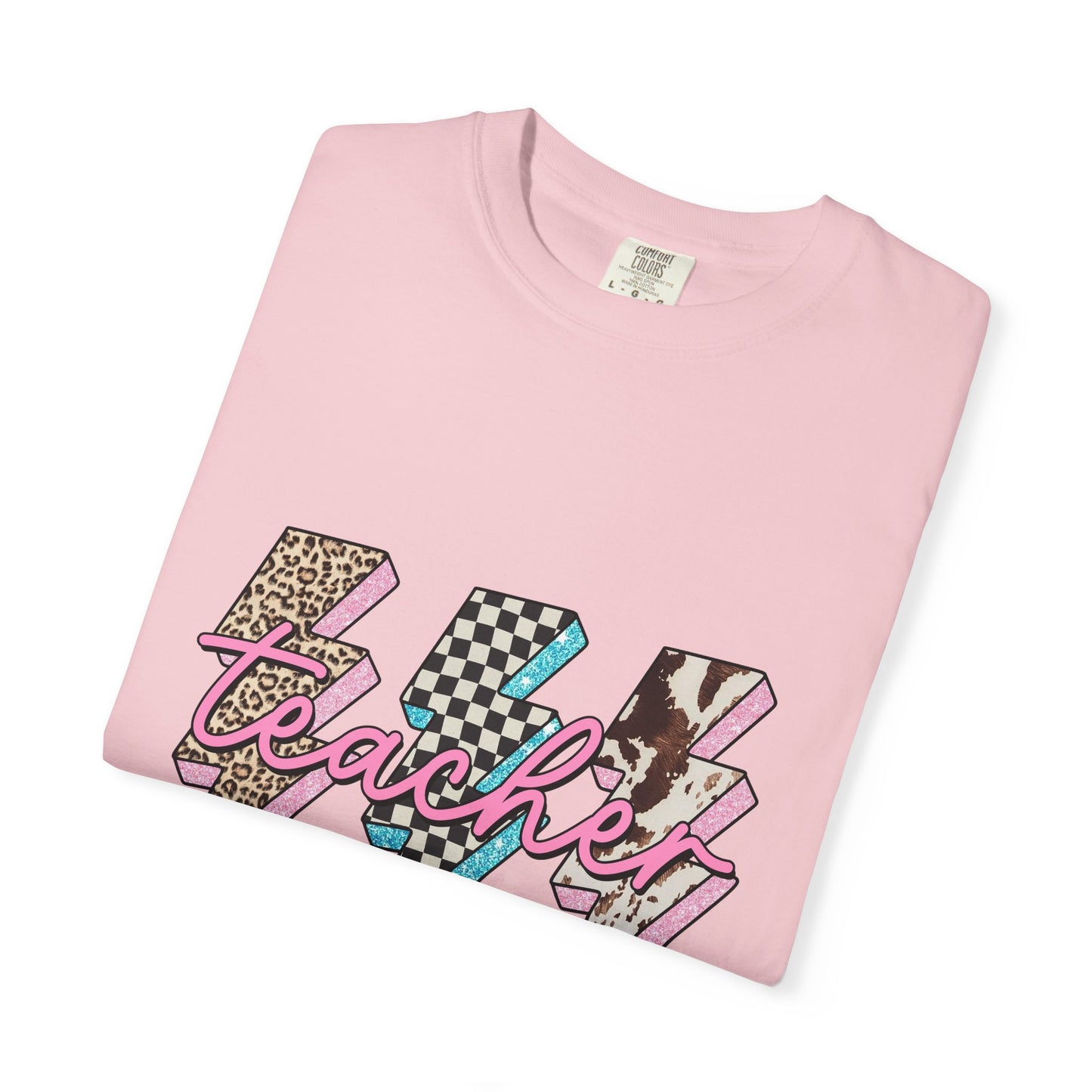 Teacher Lightning Bolt Graphic Tee — Retro Pink Patterned "Teacher" Design