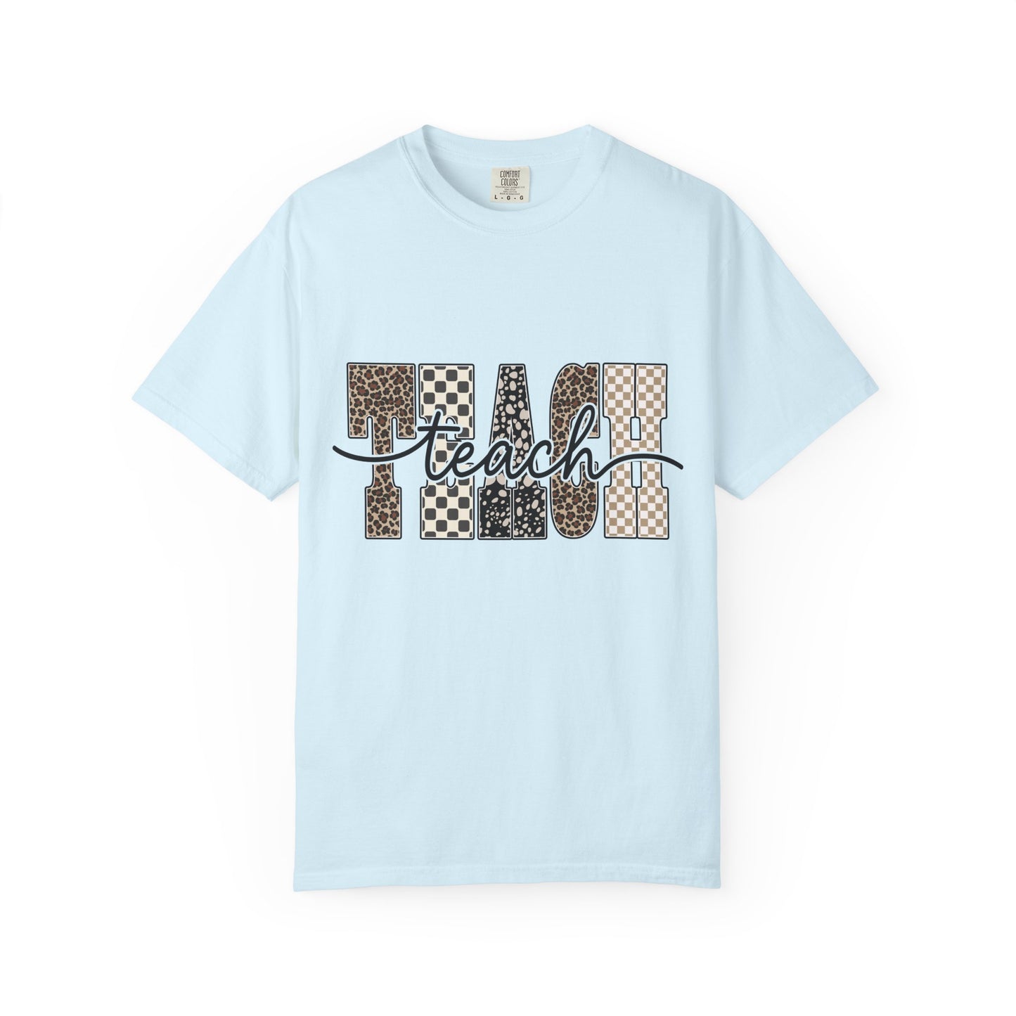 Teacher Graphic T-Shirt — Leopard & Checkerboard "Teach" Design