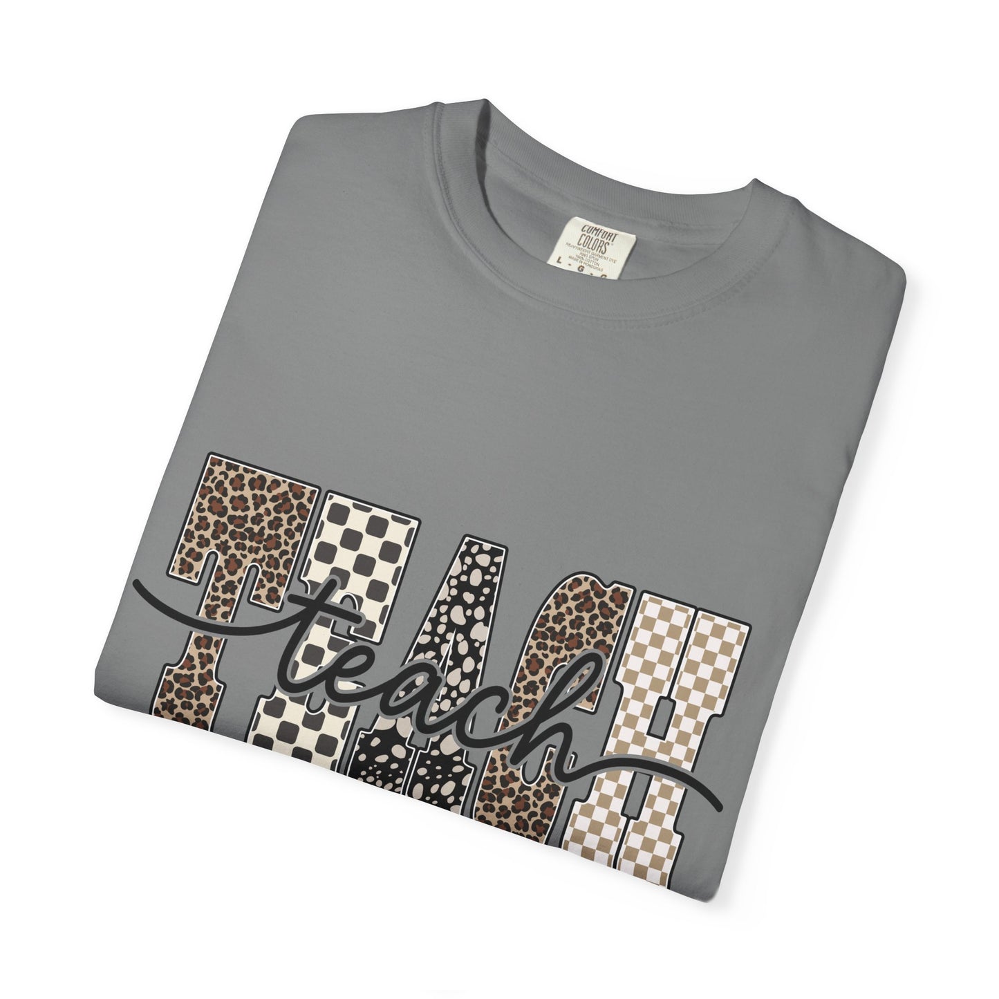 Teacher Graphic T-Shirt — Leopard & Checkerboard "Teach" Design