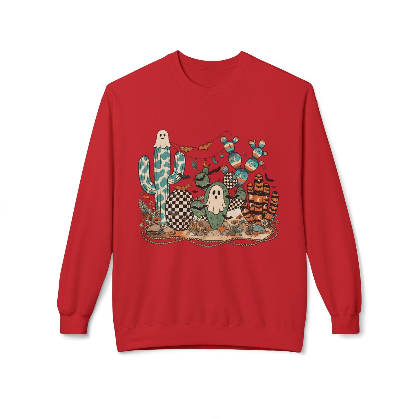 Halloween Cactus Crewneck Sweatshirt — Cute Ghosts & Desert Plants Graphic