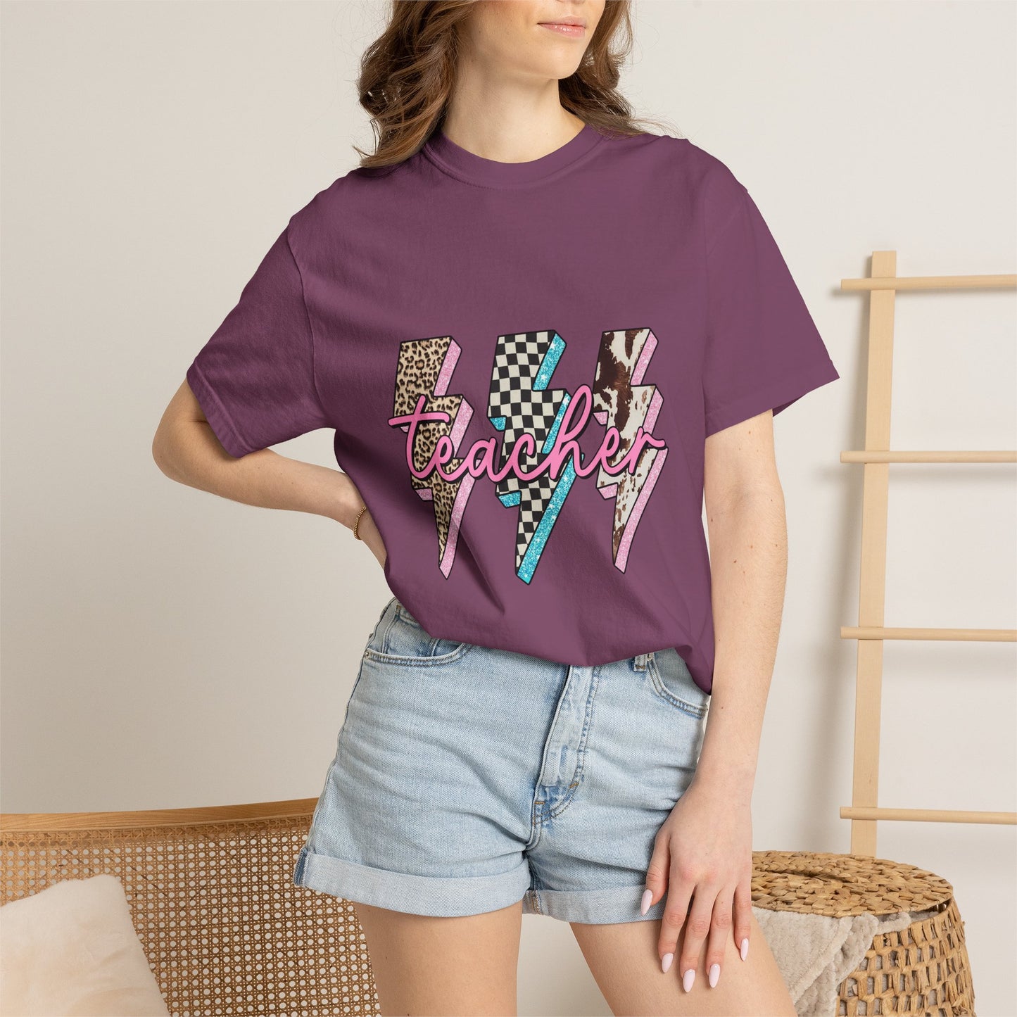 Teacher Lightning Bolt Graphic Tee — Retro Pink Patterned "Teacher" Design